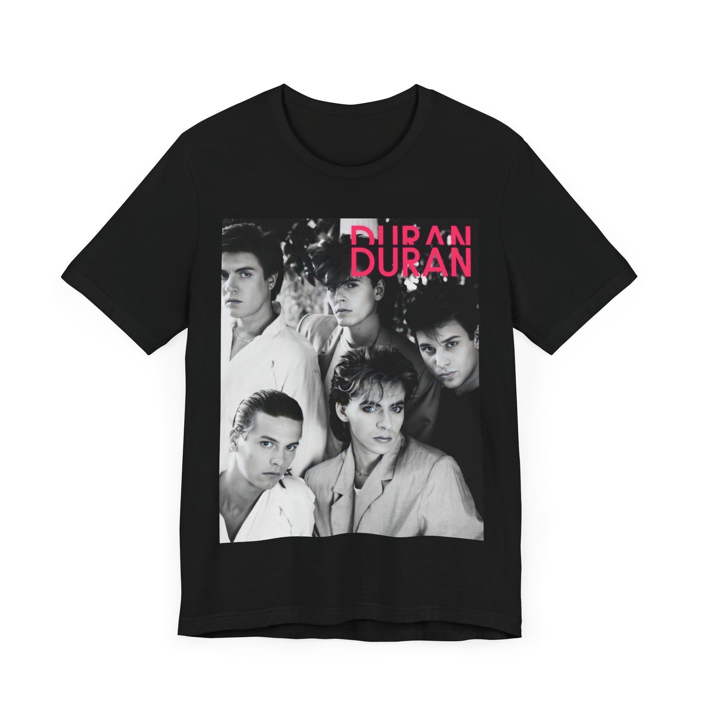 A black graphic t-shirt featuring a black and white graphic or photo of Duran Duran, designed with an 80s retro aesthetic.