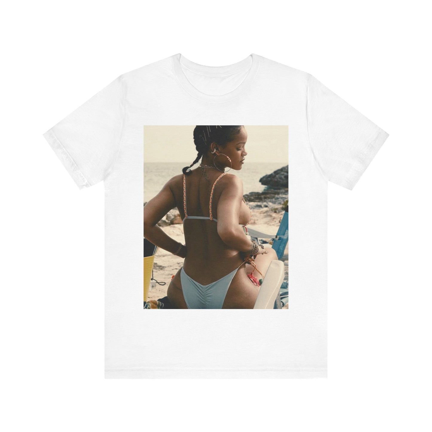 A black graphic t-shirt featuring a graphic of Rihanna as a bikini babe in paradise.