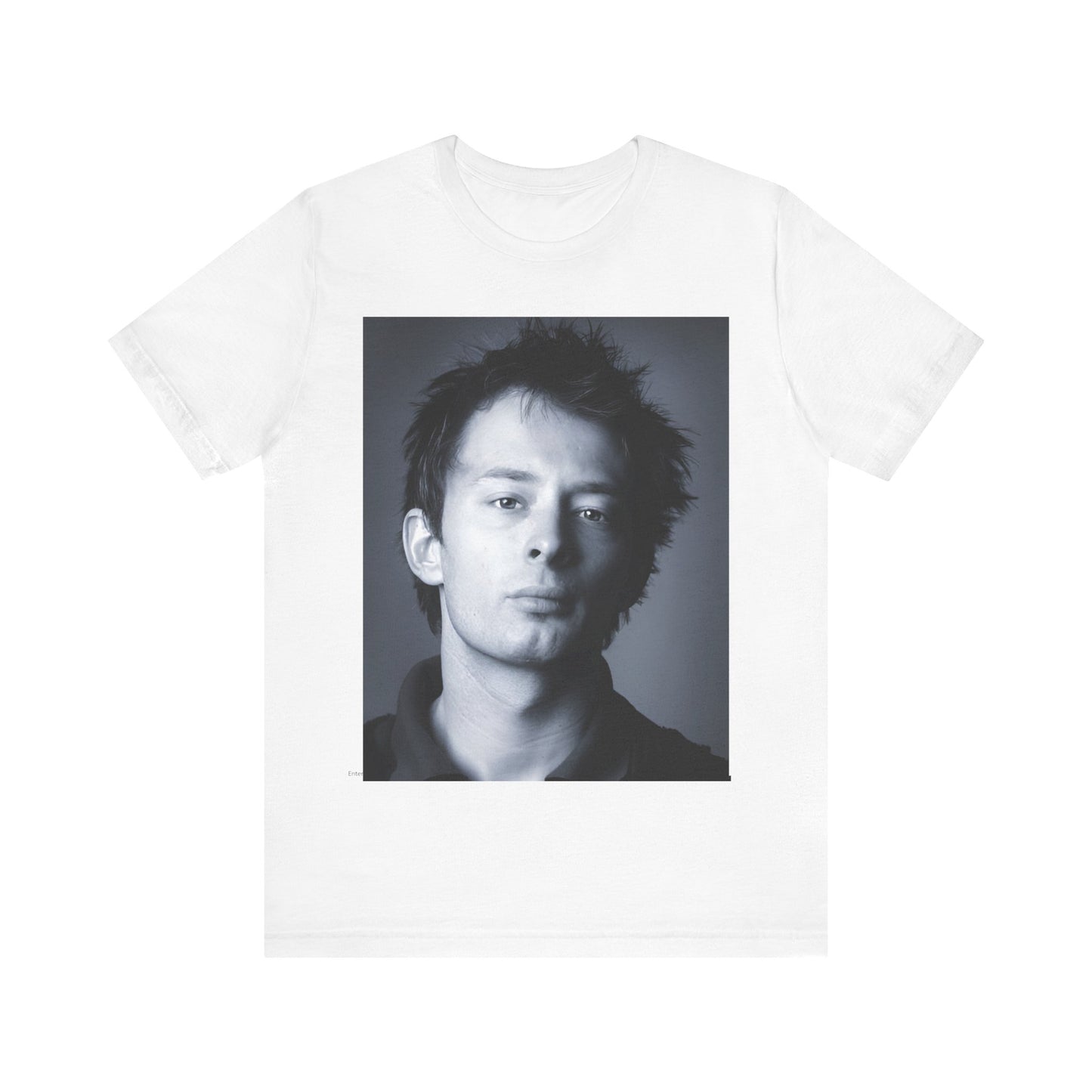 A black graphic t-shirt featuring an enigmatic graphic of Thom Yorke from Radiohead as a frontman.