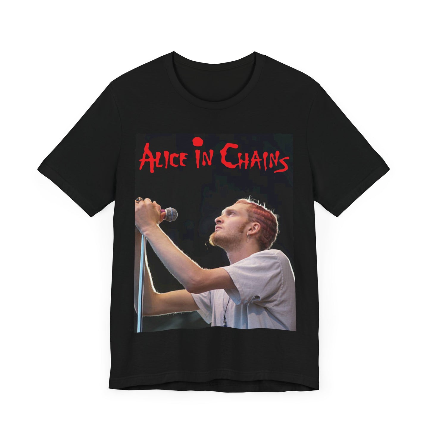 A black graphic t-shirt featuring the Alice In Chains logo in red, in a 90s grunge style.