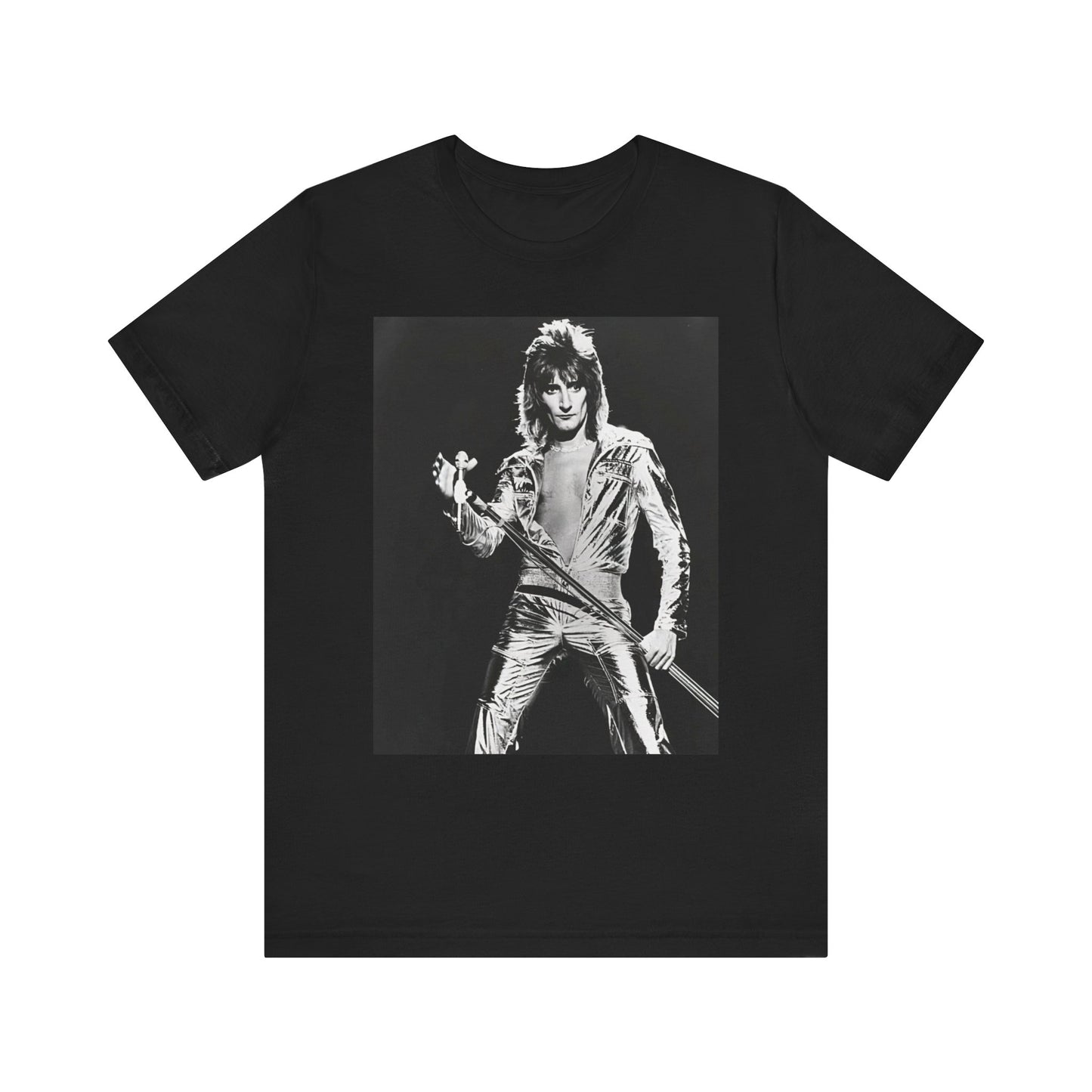 A black graphic t-shirt featuring a 70s black and white monochrome graphic or photo of Rod Stewart.