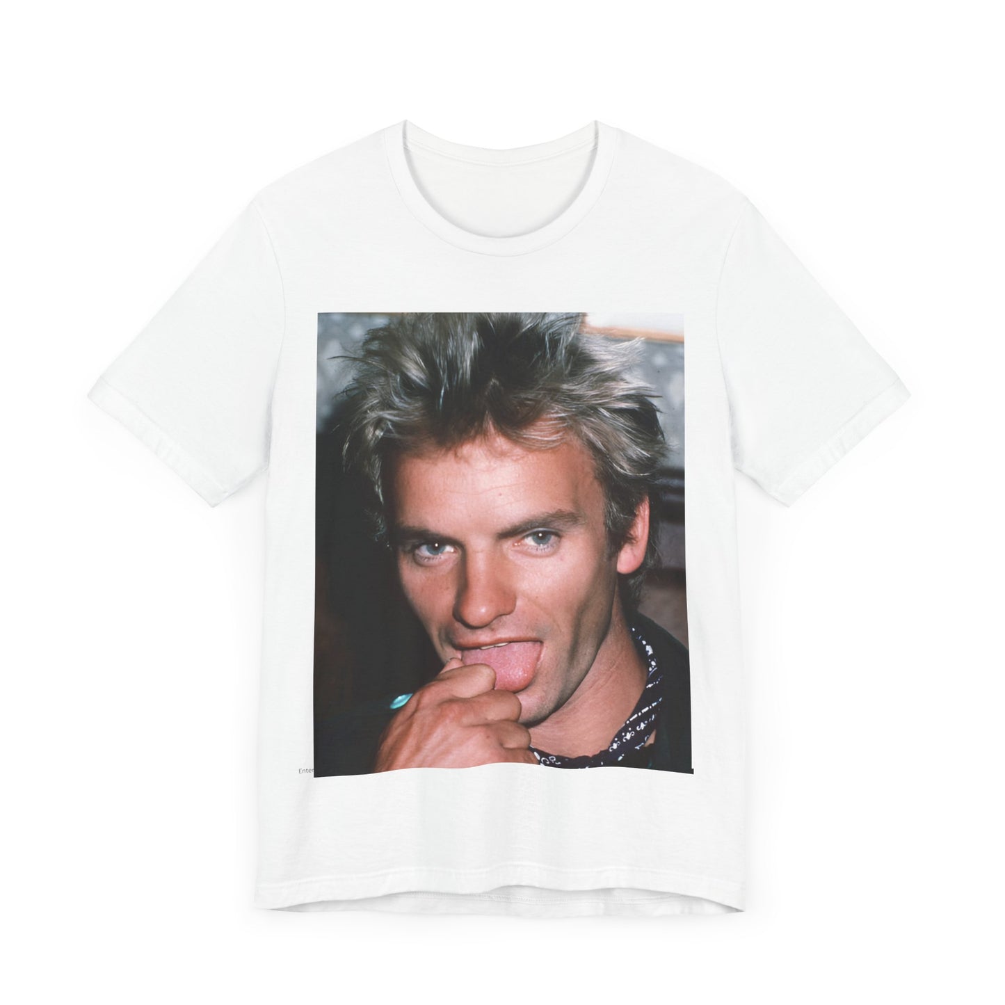 A black graphic t-shirt featuring an 80s new wave aesthetic graphic of Sting.