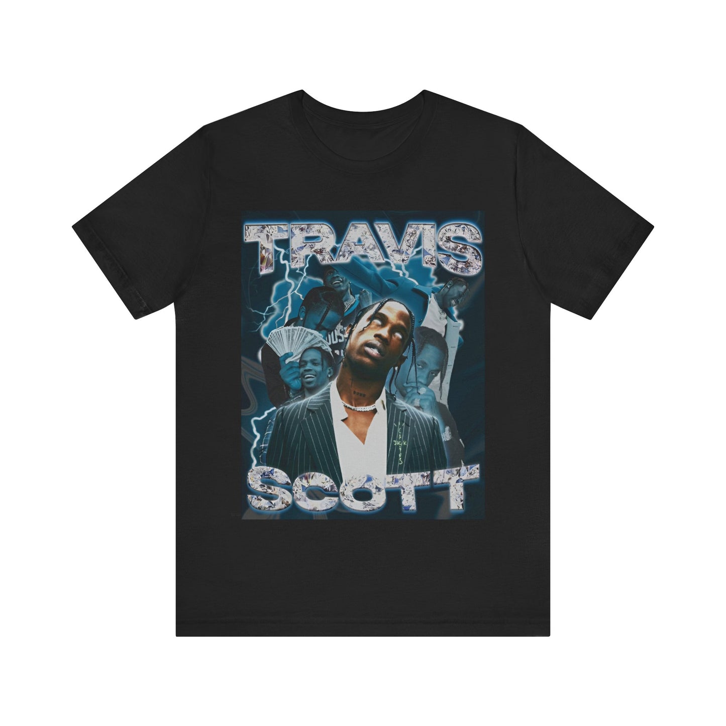 A black graphic t-shirt featuring a 90s bootleg style graphic of Travis Scott.