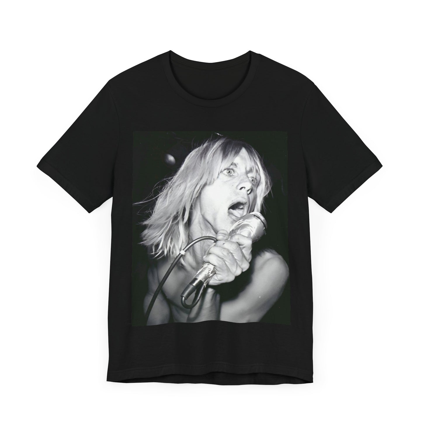 A black graphic t-shirt featuring a graphic of Iggy Pop as the Godfather of Punk, performing live.