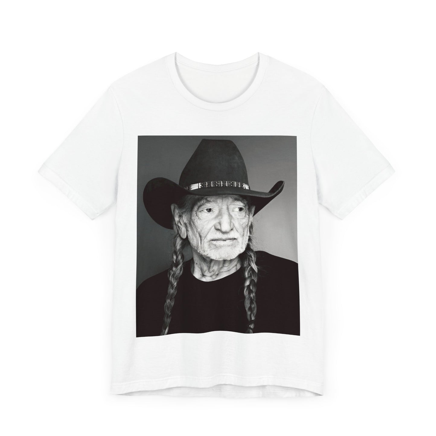 A black graphic t-shirt featuring a graphic of Willie Nelson with his iconic guitar 'Trigger'.