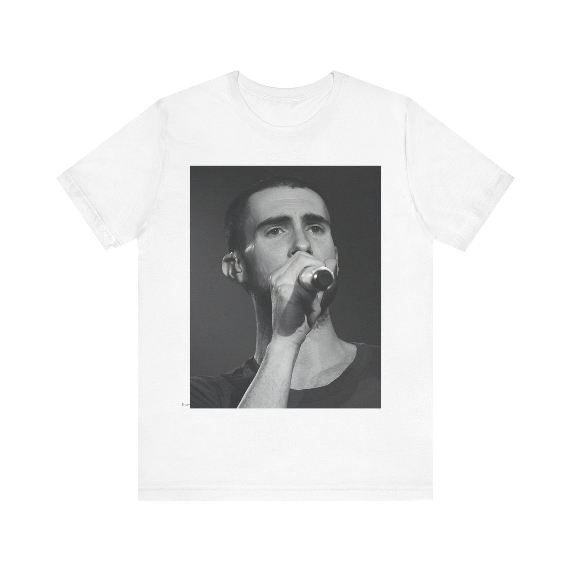 A rare, vintage black and white photo of a very young Maroon 5, from their early garage band days, printed on a t-shirt.