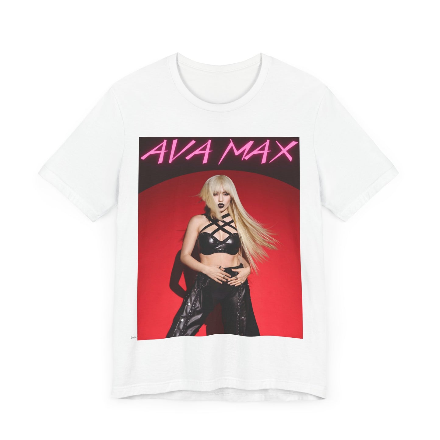 A black graphic t-shirt featuring a stylized graphic of Ava Max, emphasizing her status as a pop icon.