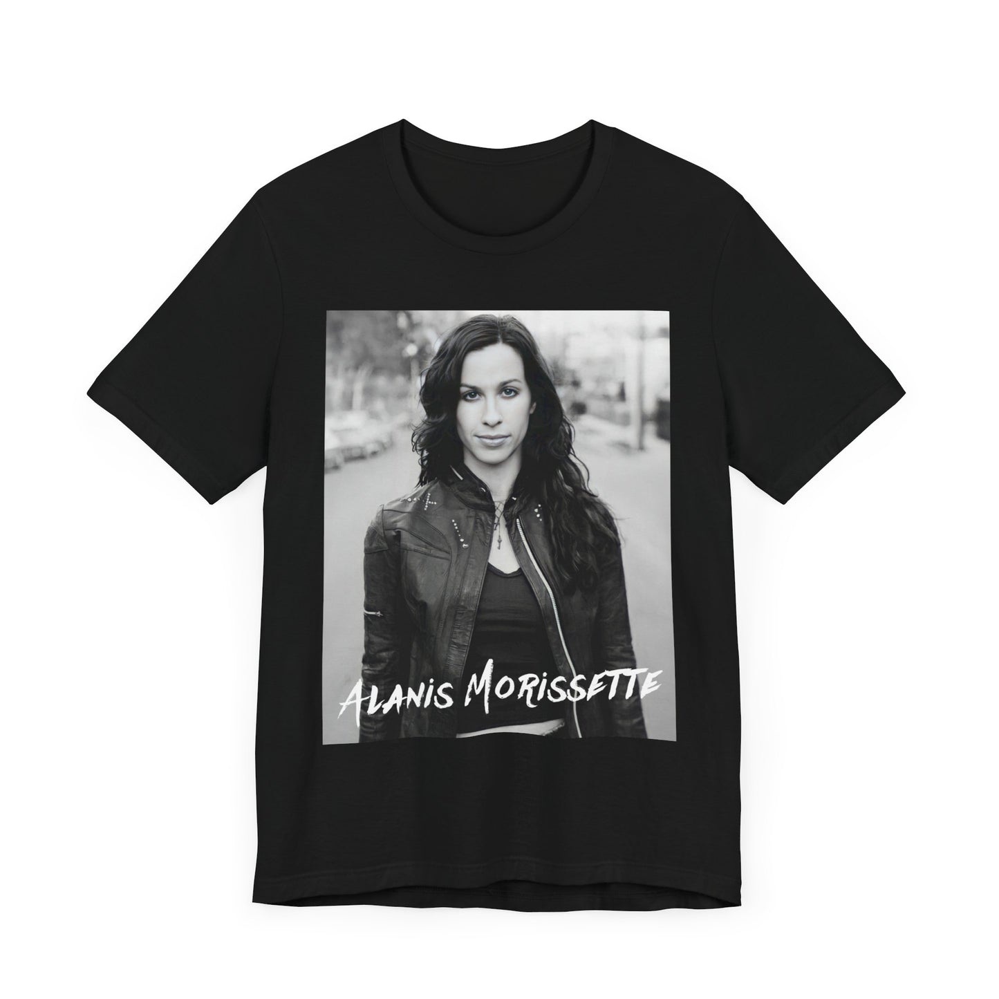 A black graphic t-shirt featuring a black and white photo of Alanis Morissette from 1998, showing her with a poised or thoughtful expression.