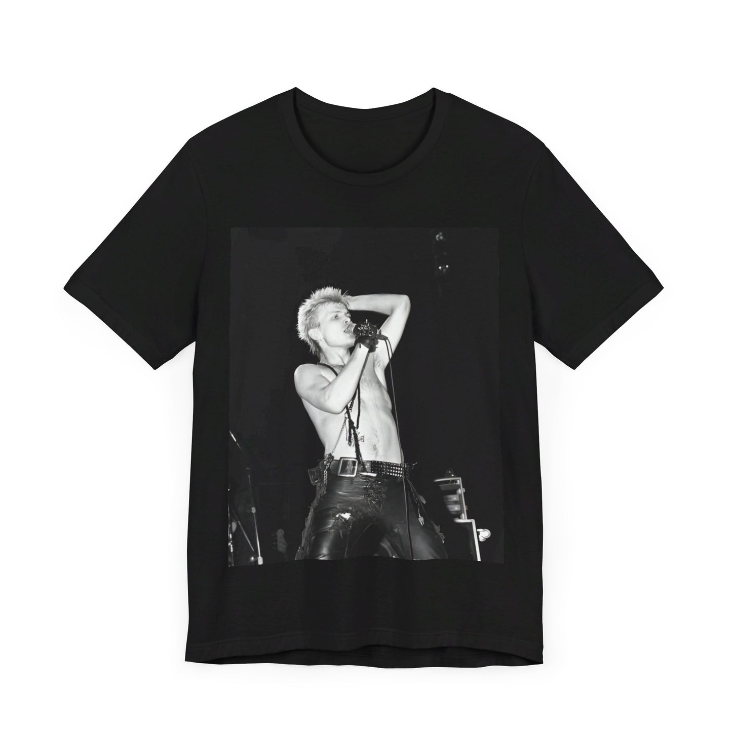 A black graphic t-shirt featuring a graphic related to Billy Idol's 'White Wedding' era, with a distinctive aesthetic.