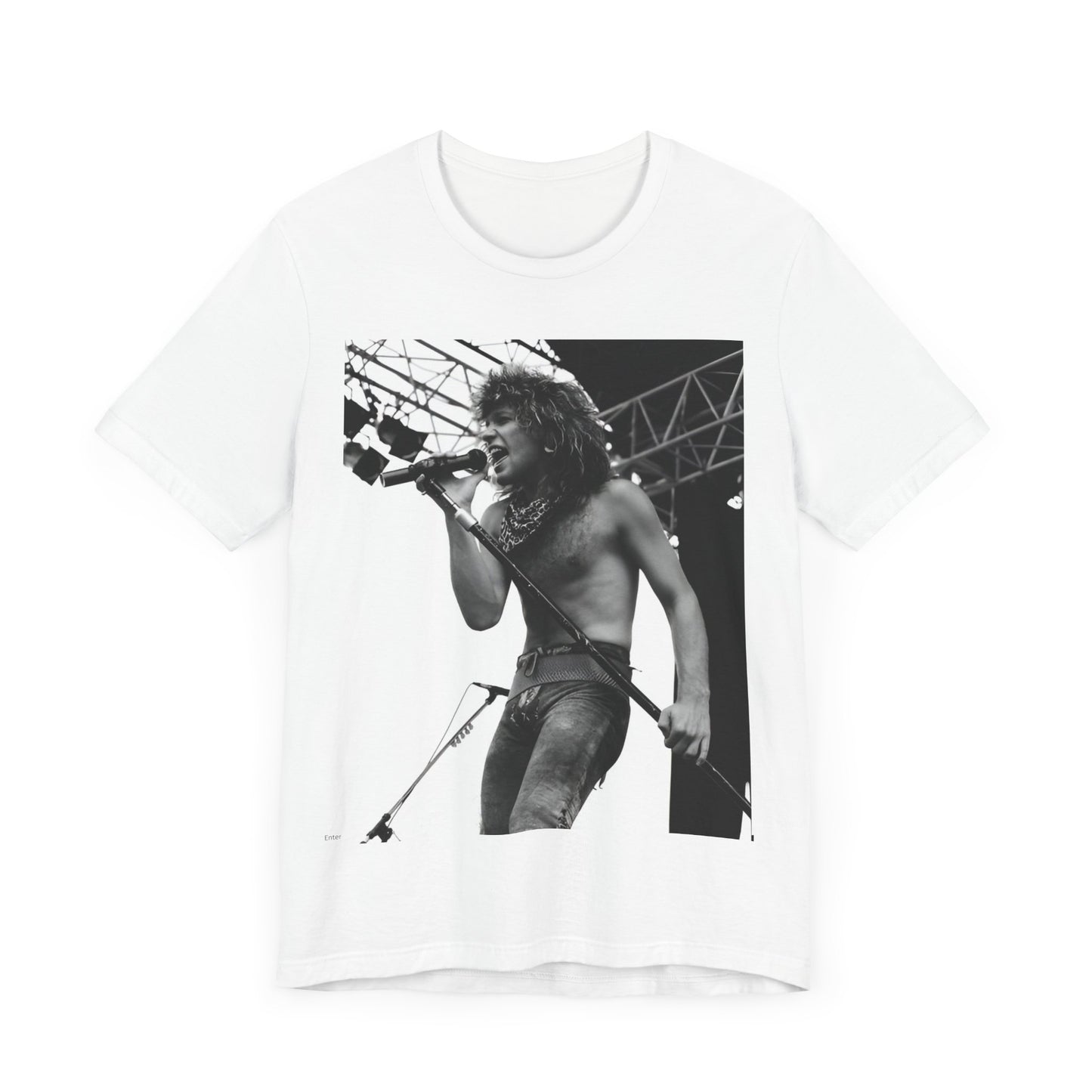 A black graphic t-shirt featuring a retro tour graphic for Bon Jovi's '88 tour.