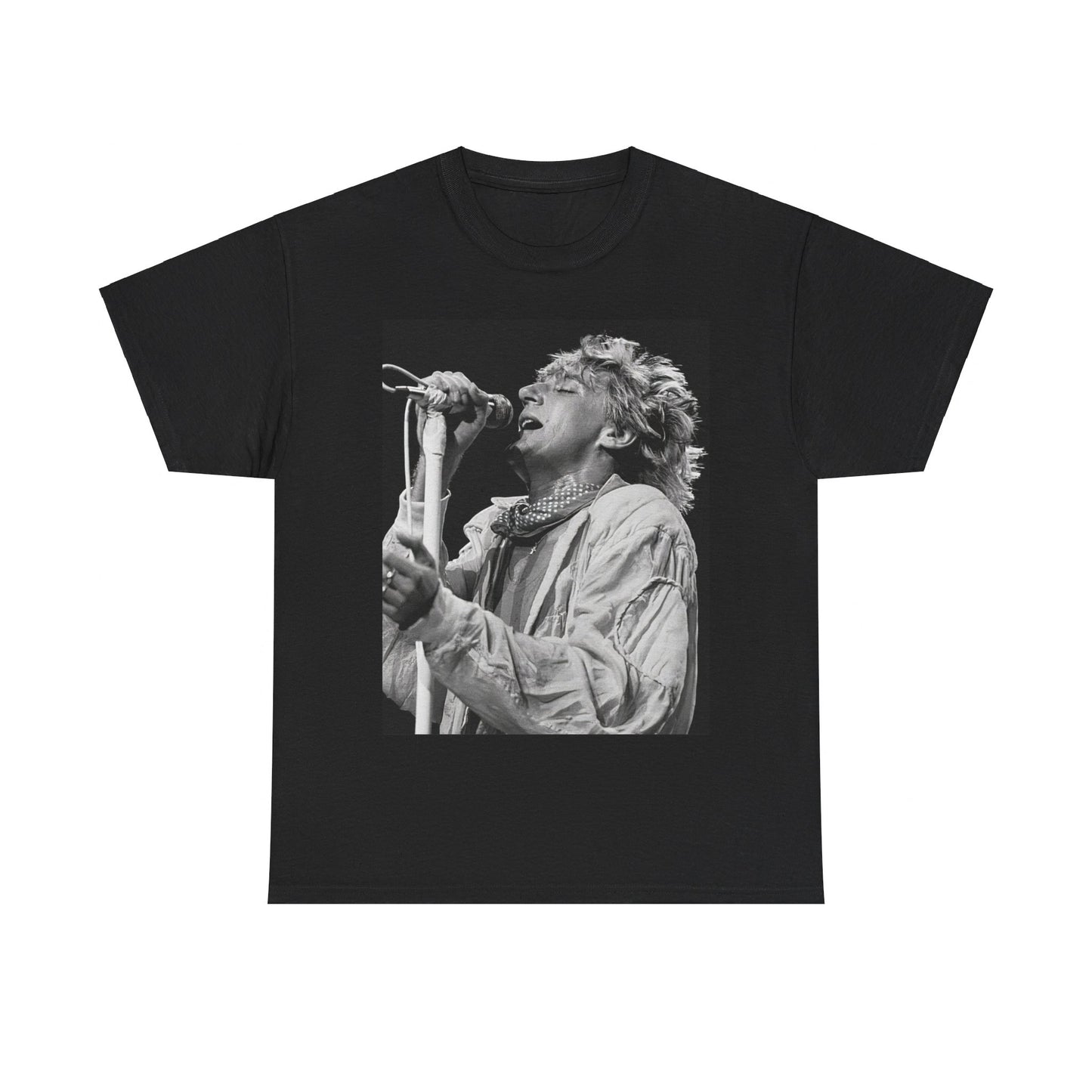 A black graphic t-shirt featuring an 80s black and white monochrome graphic or photo of Rod Stewart.
