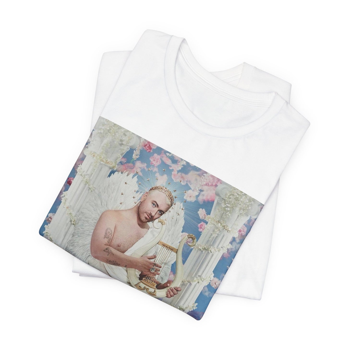 A black graphic t-shirt featuring a heavenly angel pop graphic of Sam Smith.