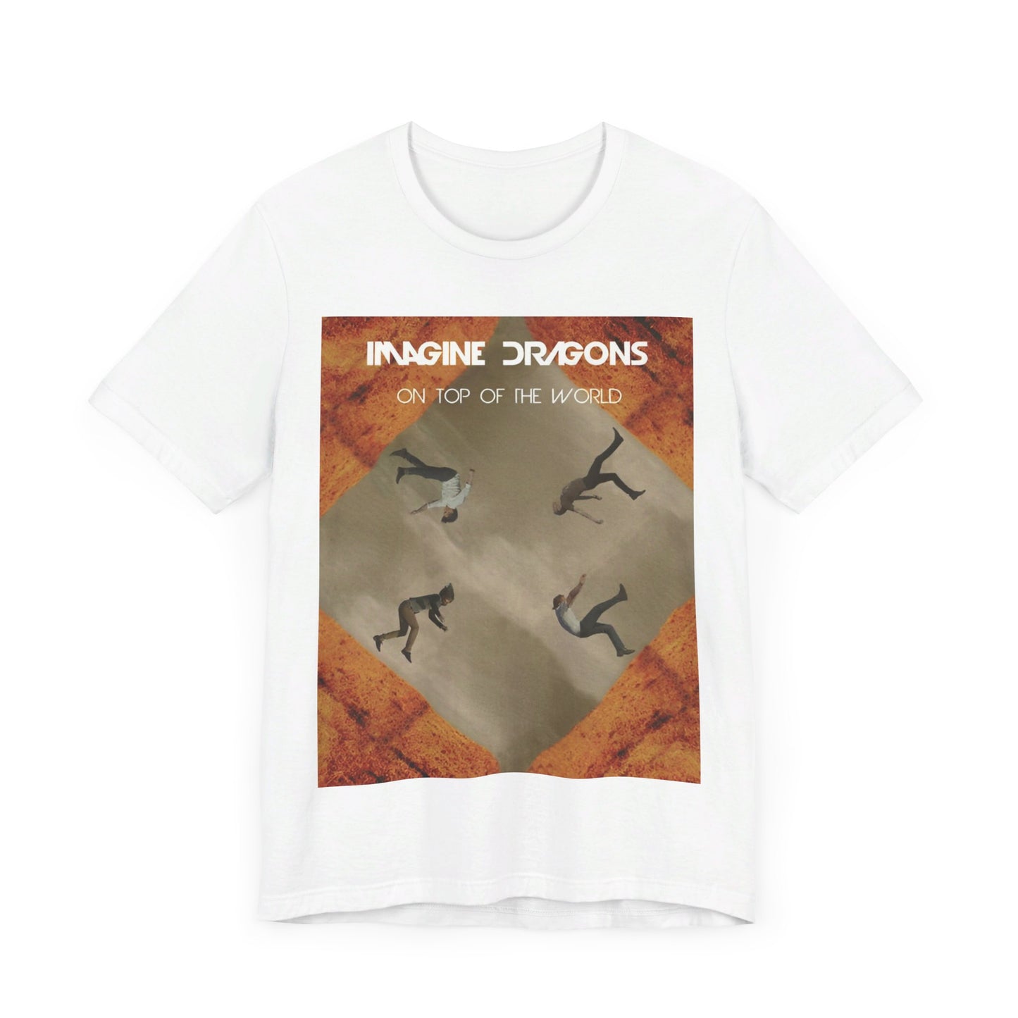 A black graphic t-shirt featuring a graphic related to Imagine Dragons' 'On Top of The World' song.