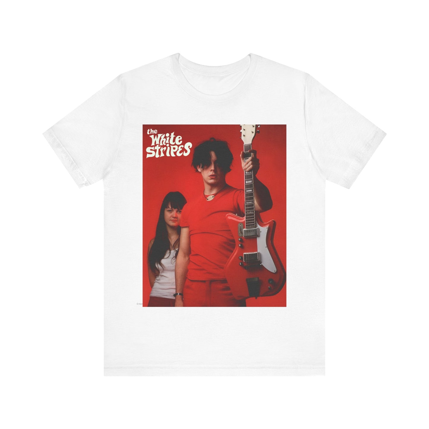 A black graphic t-shirt featuring a vintage garage rock graphic of The White Stripes.