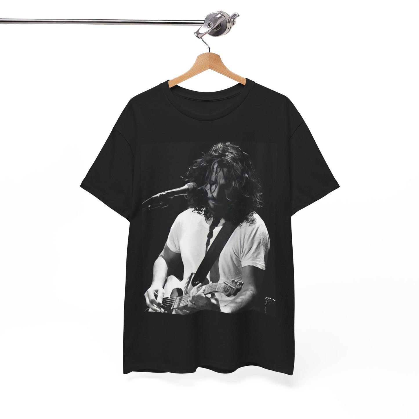 A black graphic t-shirt featuring a 90s-style graphic of Chris Cornell, evoking the Seattle sound aesthetic.