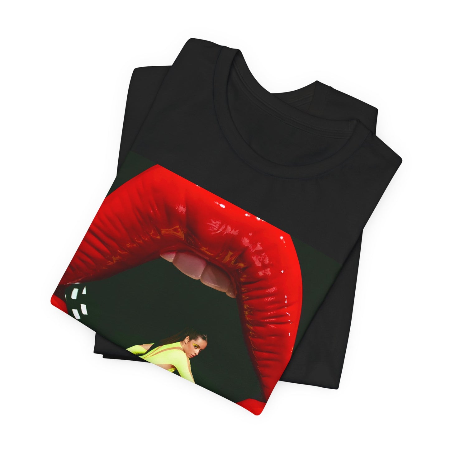 A black graphic t-shirt featuring a graphic of Camila Cabello with a 'rebel heart' or edgy pop star aesthetic.