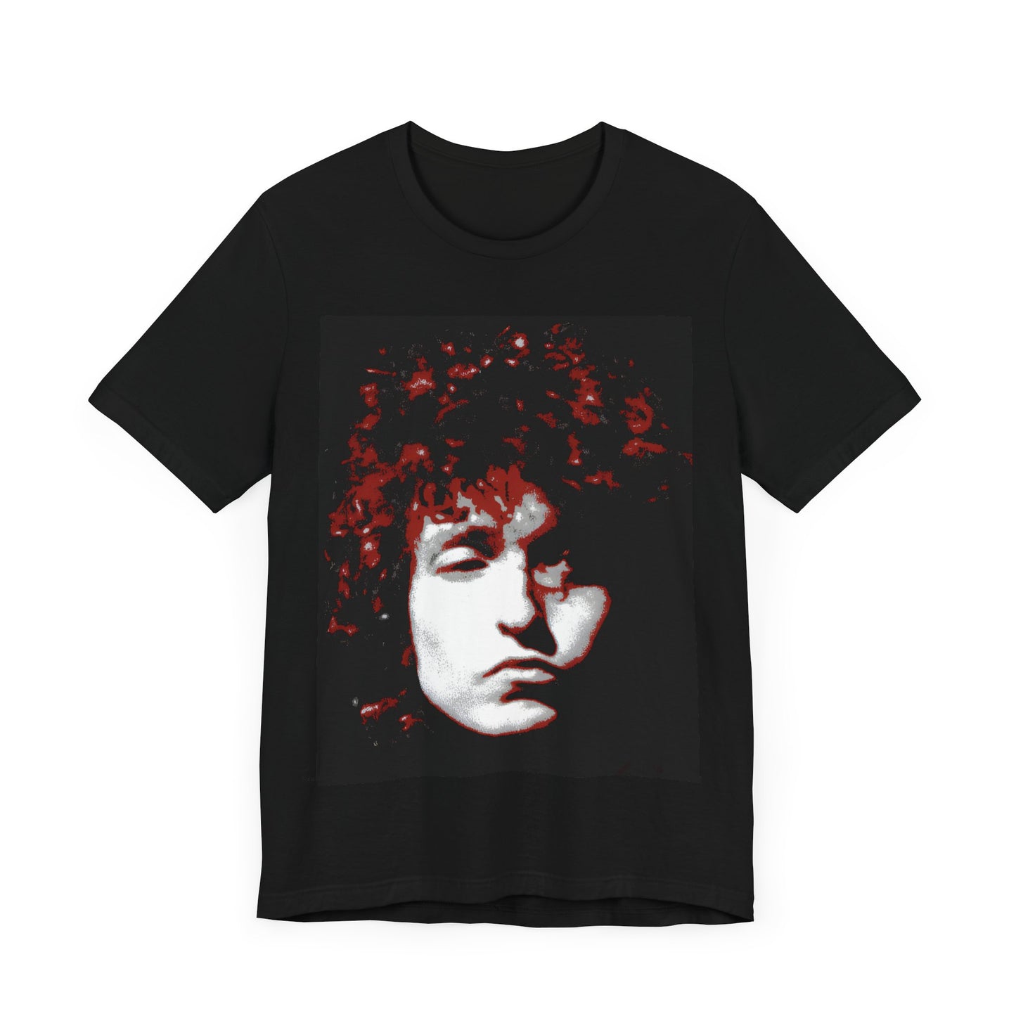 A black graphic t-shirt featuring a graphic related to Bob Dylan's 'Blood on the Tracks' album era, possibly with album art elements.