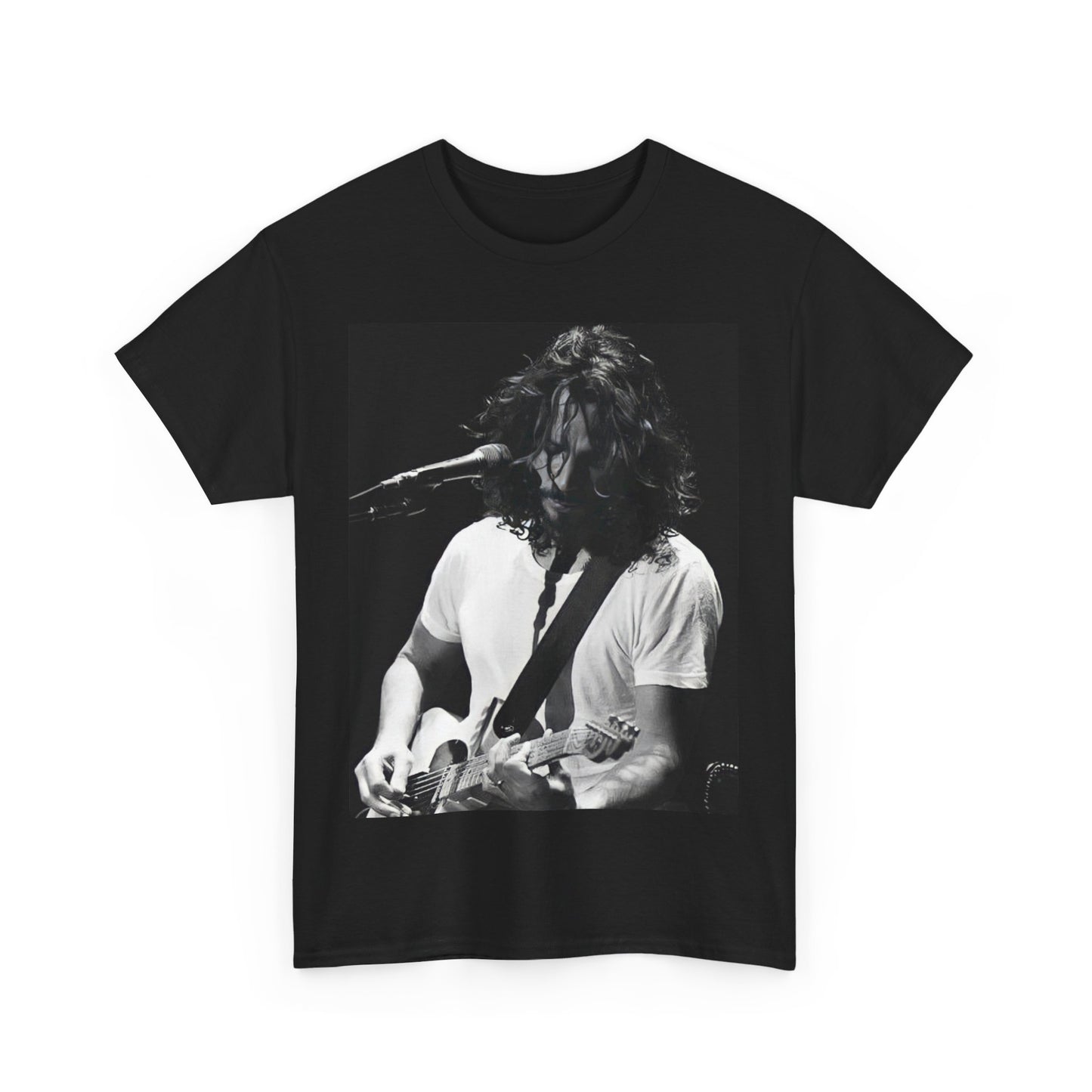 A black graphic t-shirt featuring a 90s-style graphic of Chris Cornell, evoking the Seattle sound aesthetic.