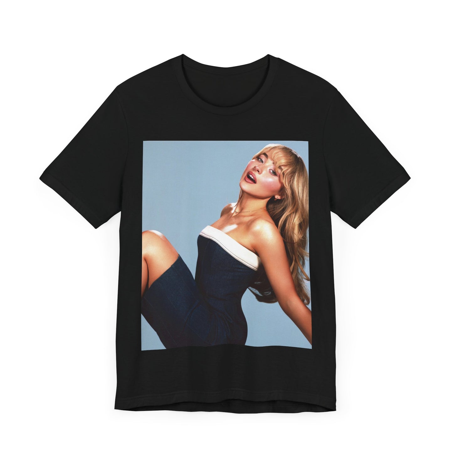 A black graphic t-shirt featuring a graphic related to Sabrina Carpenter's 'Espresso' song or era.