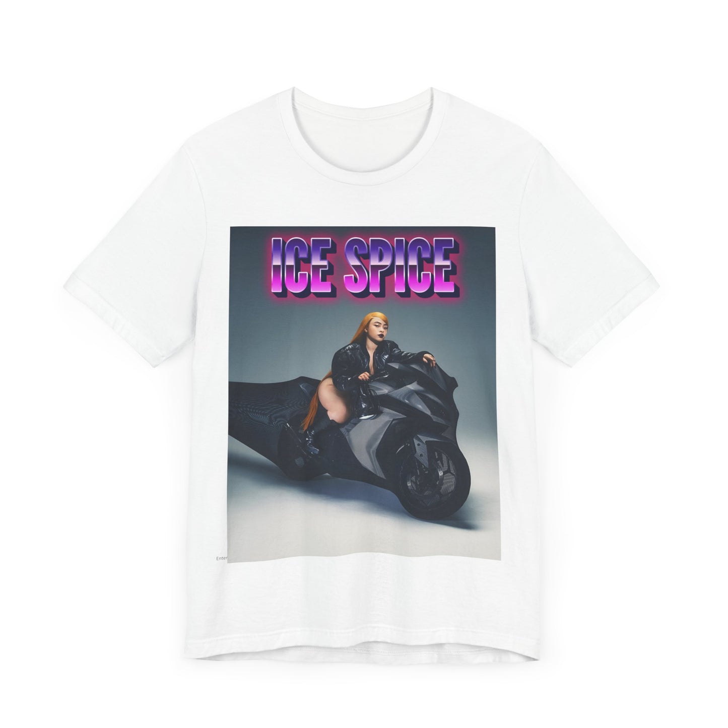 A black graphic t-shirt featuring a graphic of Ice Spice related to motorcycles or a rebellious, cool style.