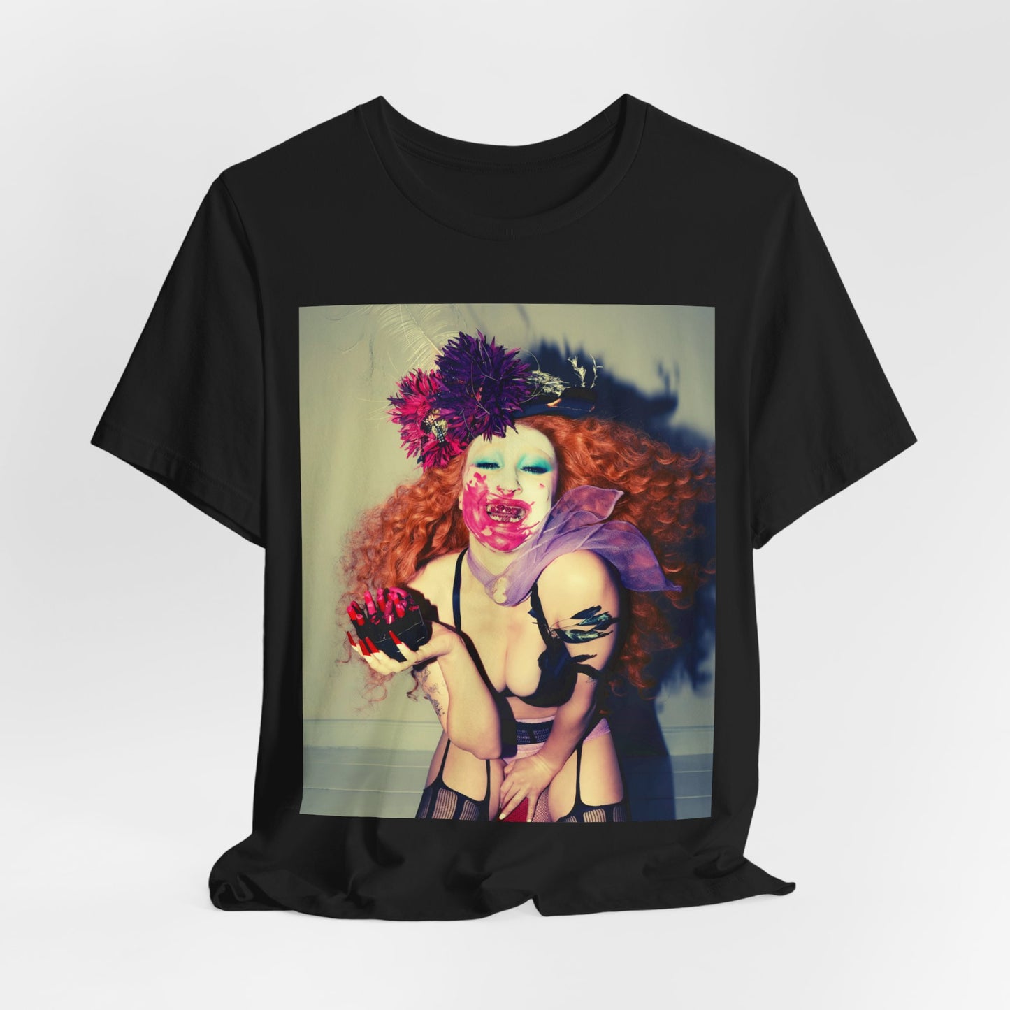 A black graphic t-shirt featuring a retro graphic related to Chappell Roan's 'Pink Pony Club' era.