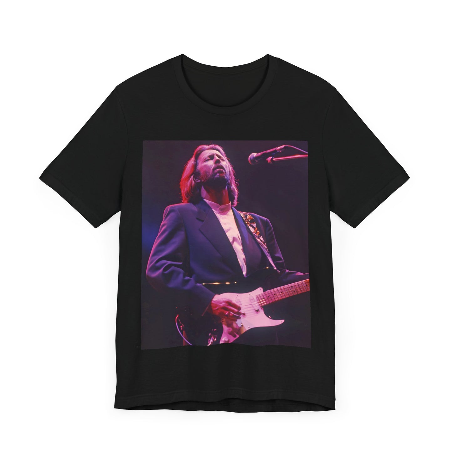 A black graphic t-shirt featuring a vintage graphic of Eric Clapton as a blues rock icon.