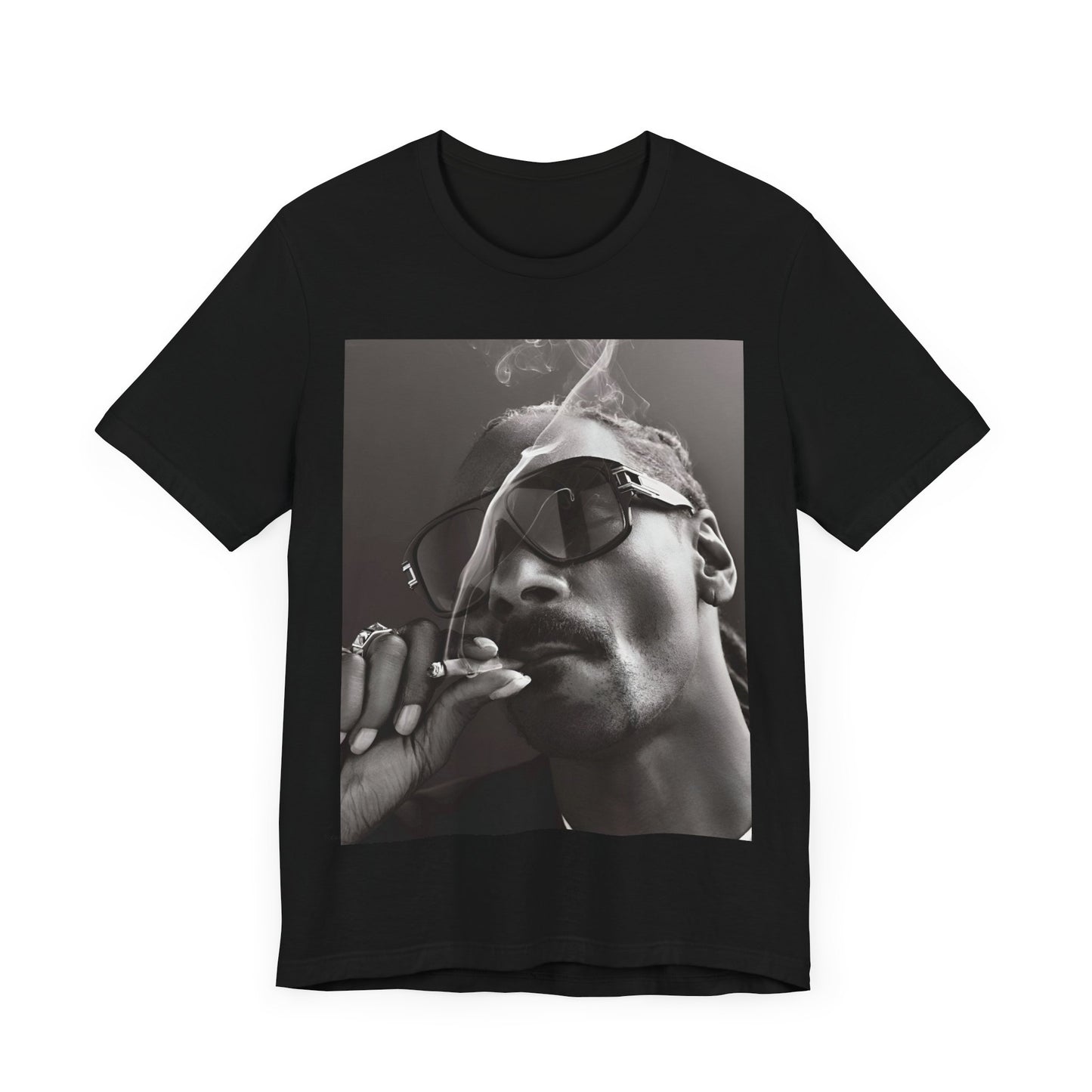 A black graphic t-shirt featuring an iconic black and white shaded portrait graphic of Snoop Dogg.