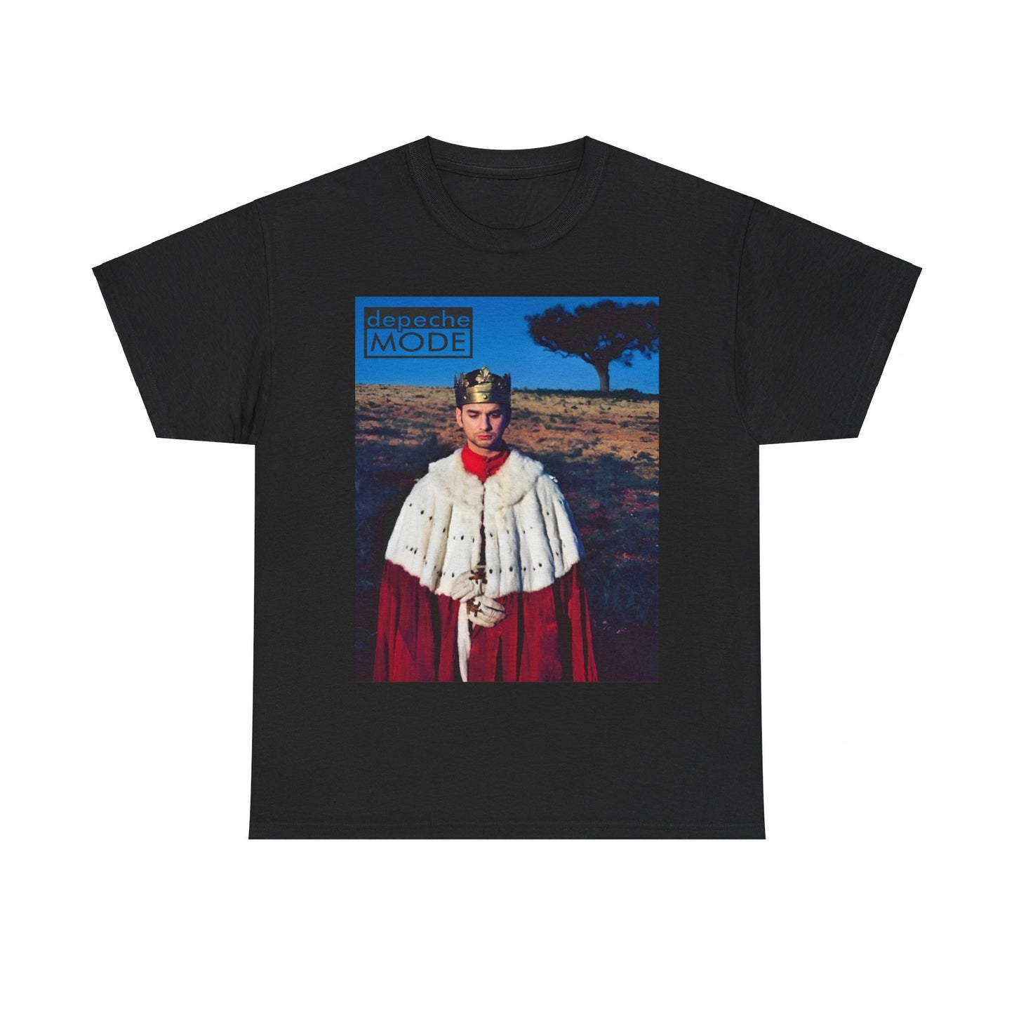 A black graphic t-shirt featuring a retro graphic related to Depeche Mode's 'Enjoy The Silence' from 1990.