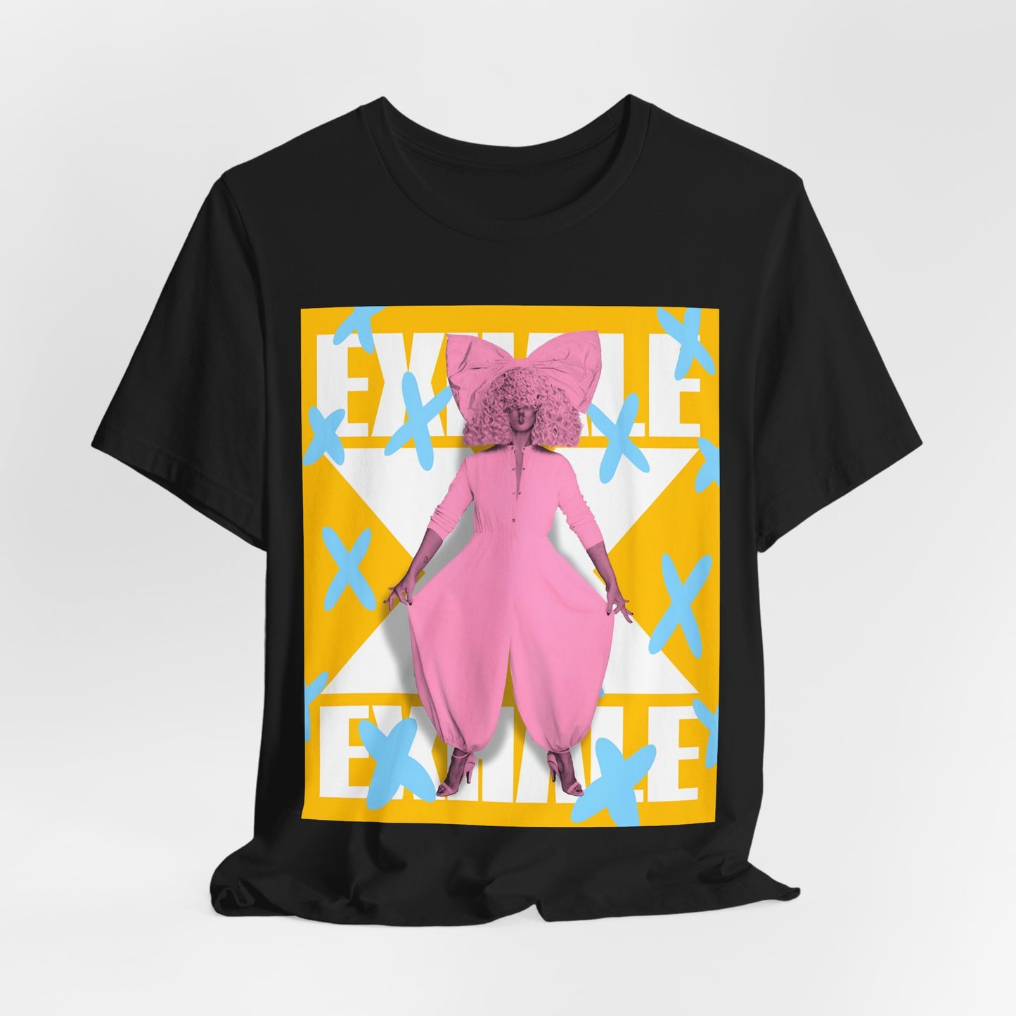A black graphic t-shirt featuring a graphic related to Sia's 'Exhale' theme or lyrics.