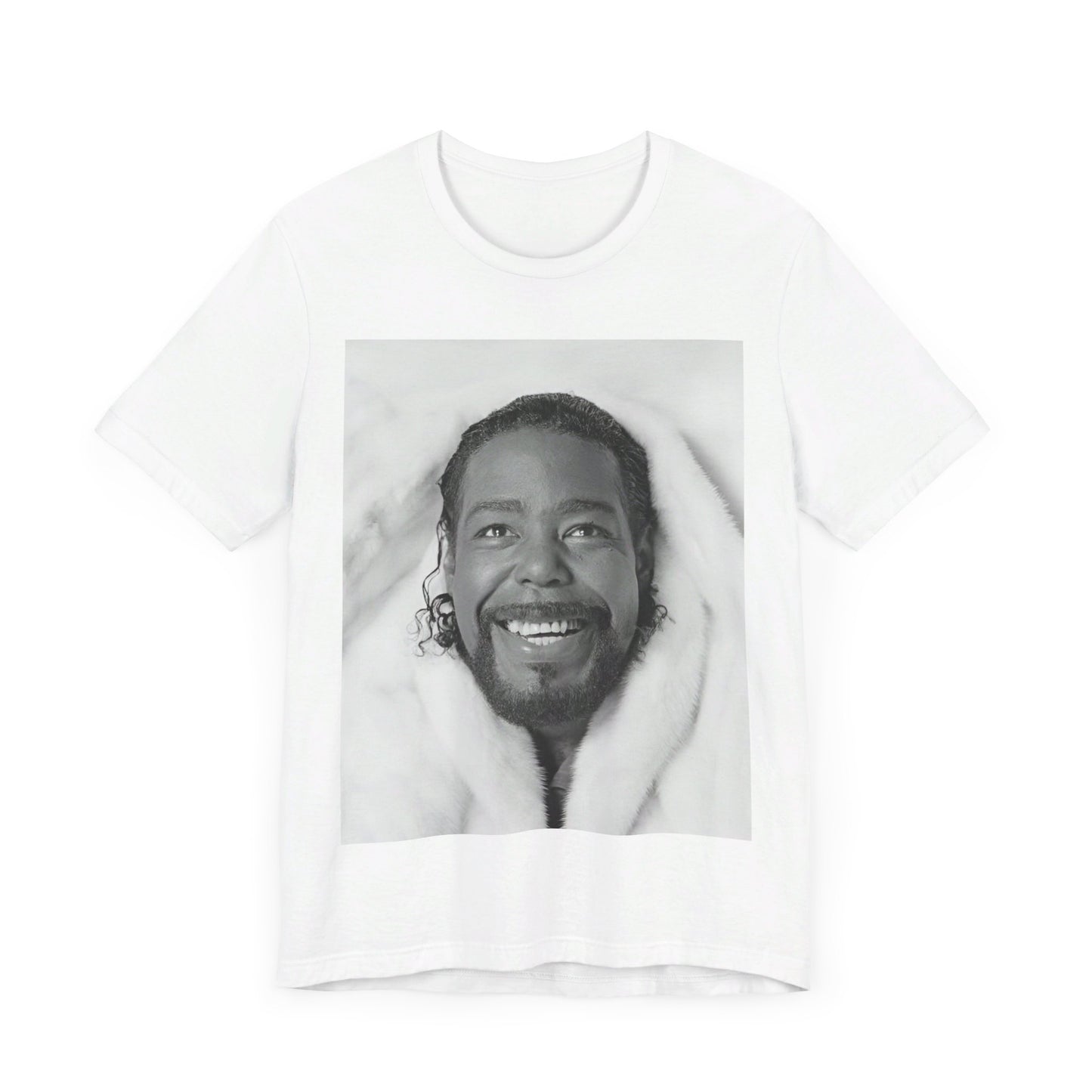 A black graphic t-shirt featuring a retro 70s-style graphic of Barry White as a soul icon.