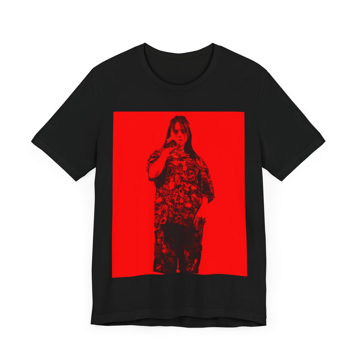 A portrait of Billie Eilish with platinum blonde hair from her 'Happier Than Ever' era, looking over her shoulder, printed on a graphic t-shirt.