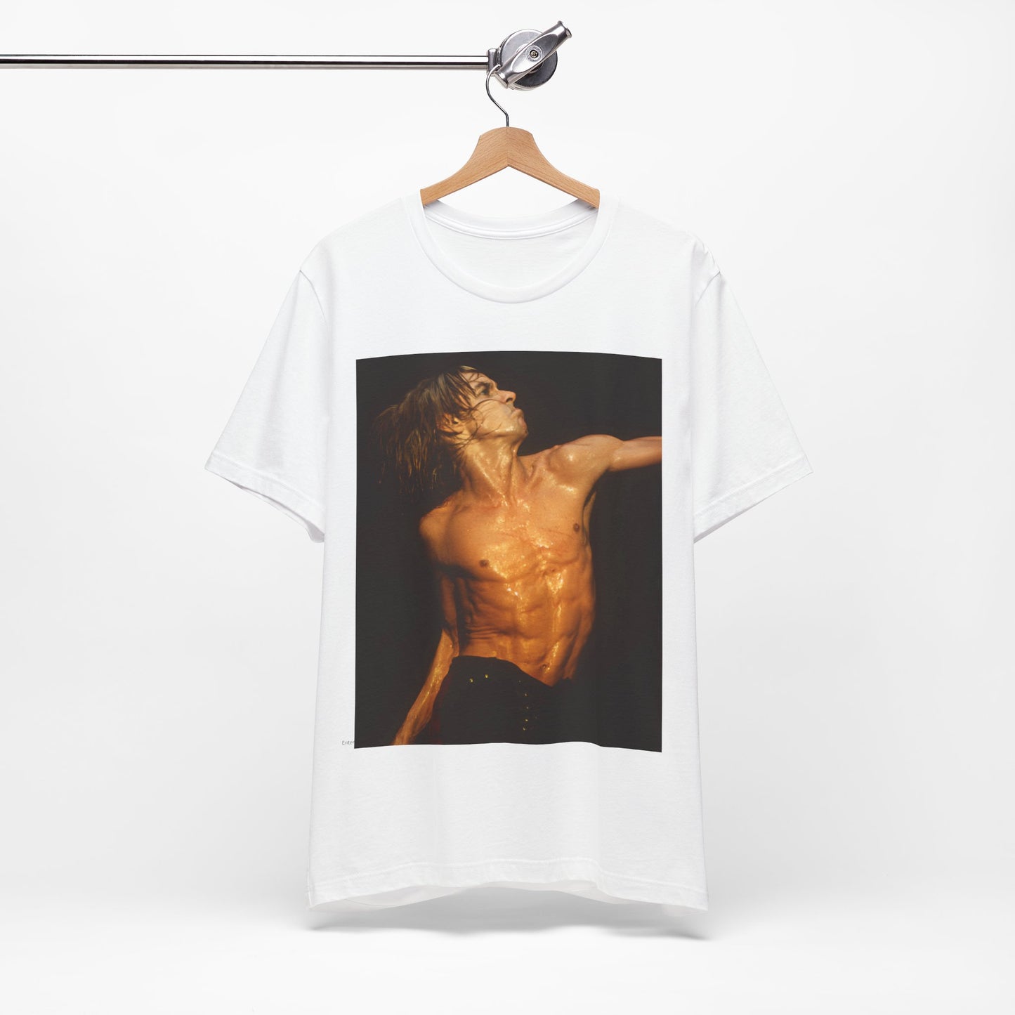 A black graphic t-shirt featuring an iconic photo of Iggy Pop performing live on stage.
