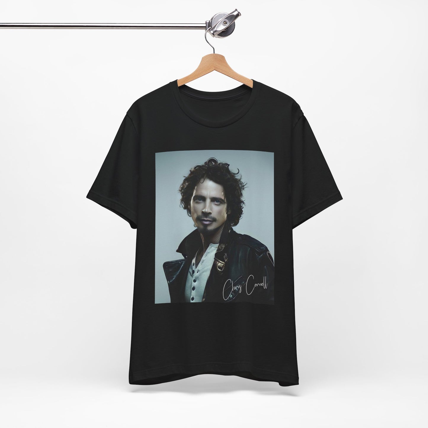 A black graphic t-shirt featuring a graphic related to Chris Cornell's song 'Like a Stone'.