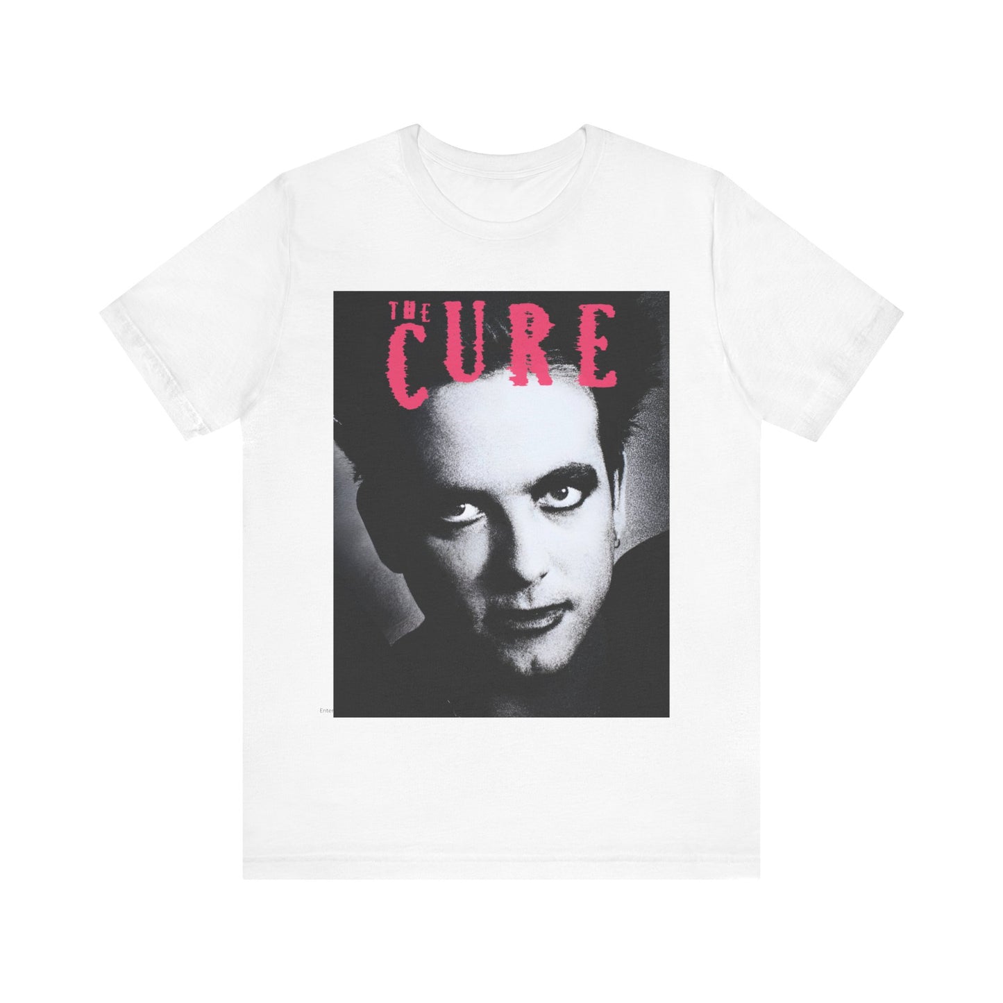 A black graphic t-shirt featuring an 80s post-punk aesthetic graphic of The Cure.
