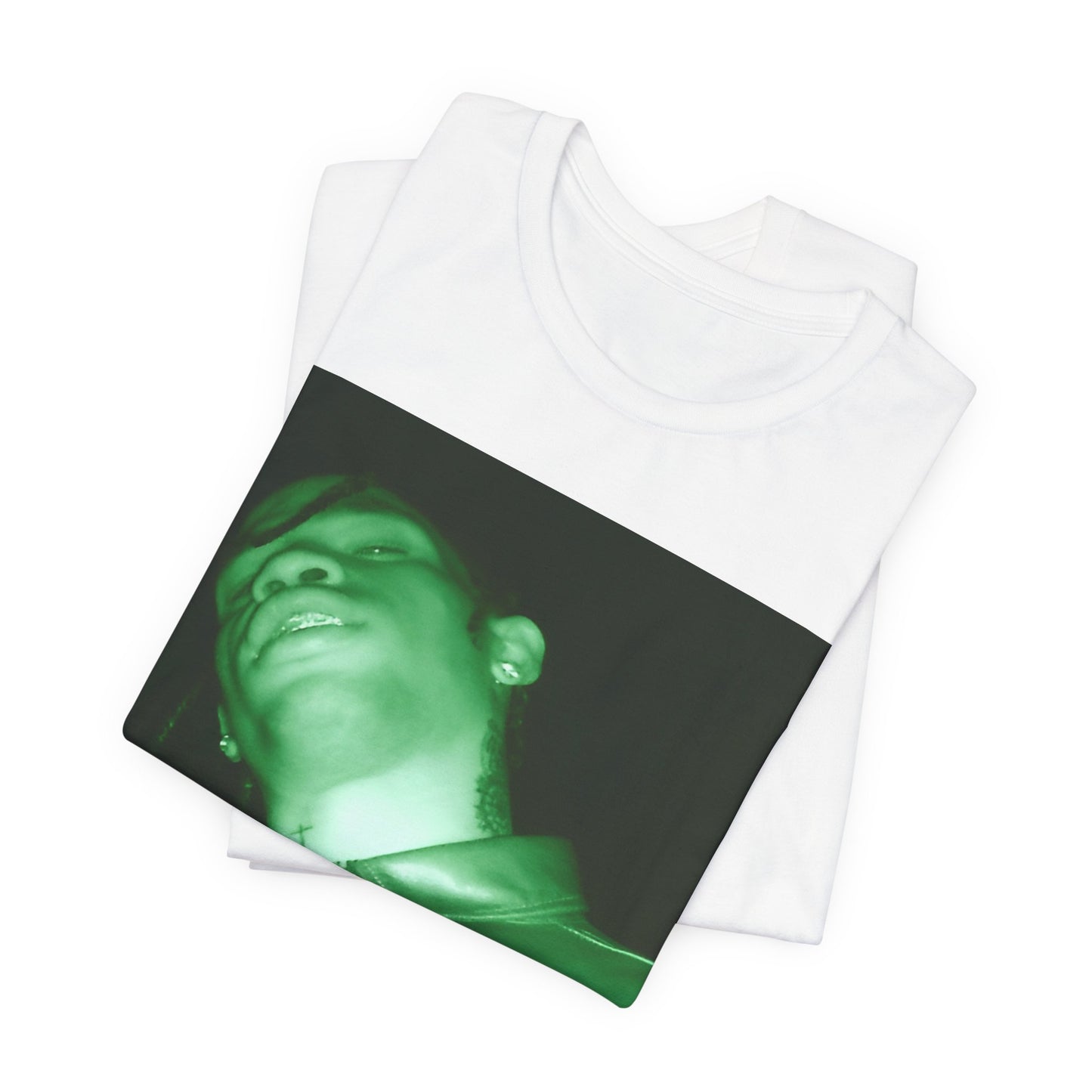 A black graphic t-shirt featuring a graphic of Travis Scott with psychedelic trap vibes.