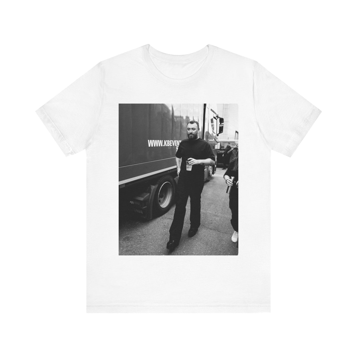 A black graphic t-shirt featuring a graphic or photo of Sam Smith in a backstage setting.