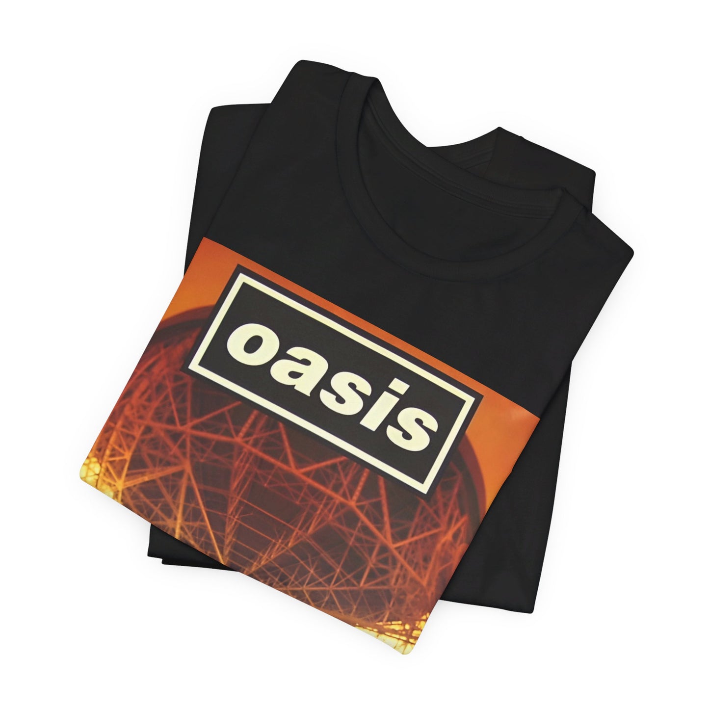 A black graphic t-shirt featuring a 90s vintage Britpop icon graphic of Oasis.