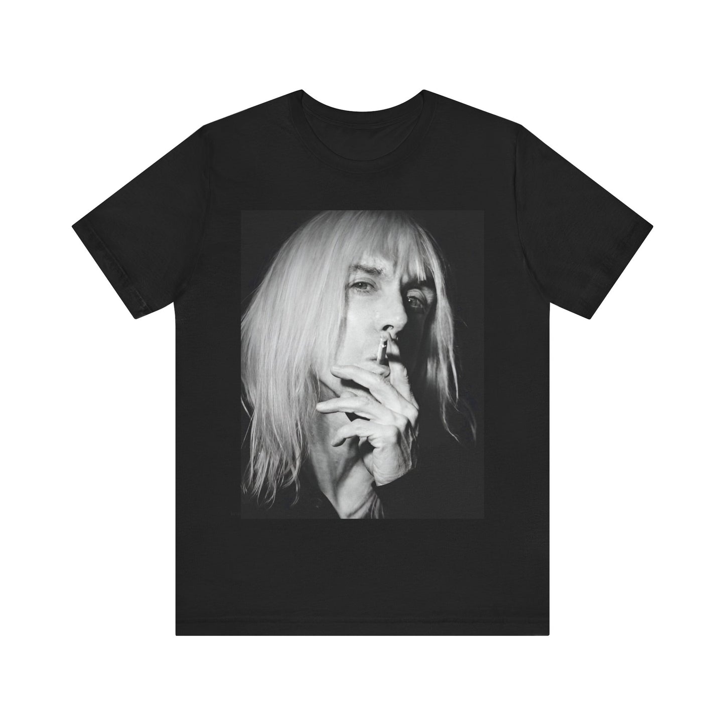 A black graphic t-shirt featuring a black and white graphic or photo of Iggy Pop holding a cigar.