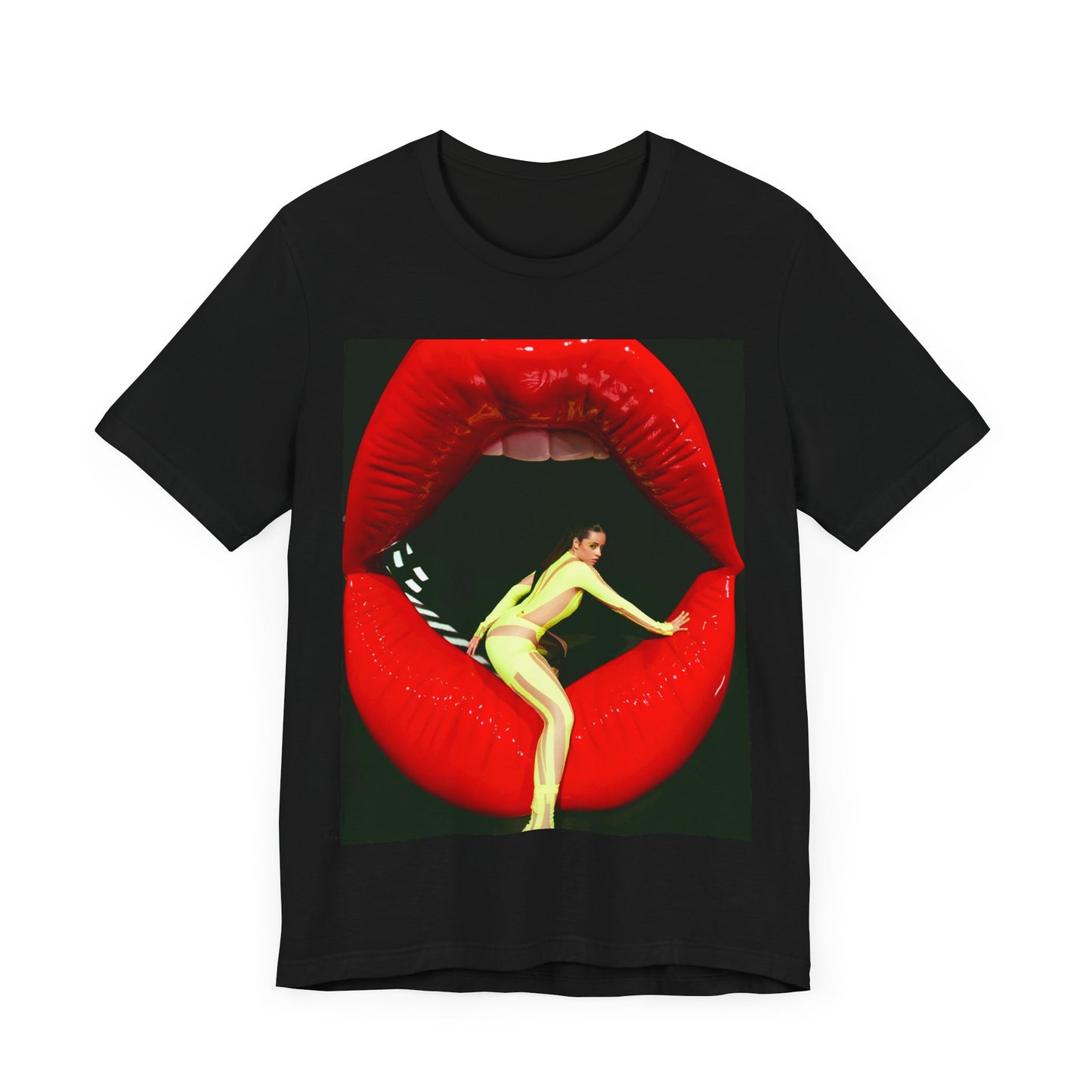 A black graphic t-shirt featuring a graphic of Camila Cabello with a 'rebel heart' or edgy pop star aesthetic.