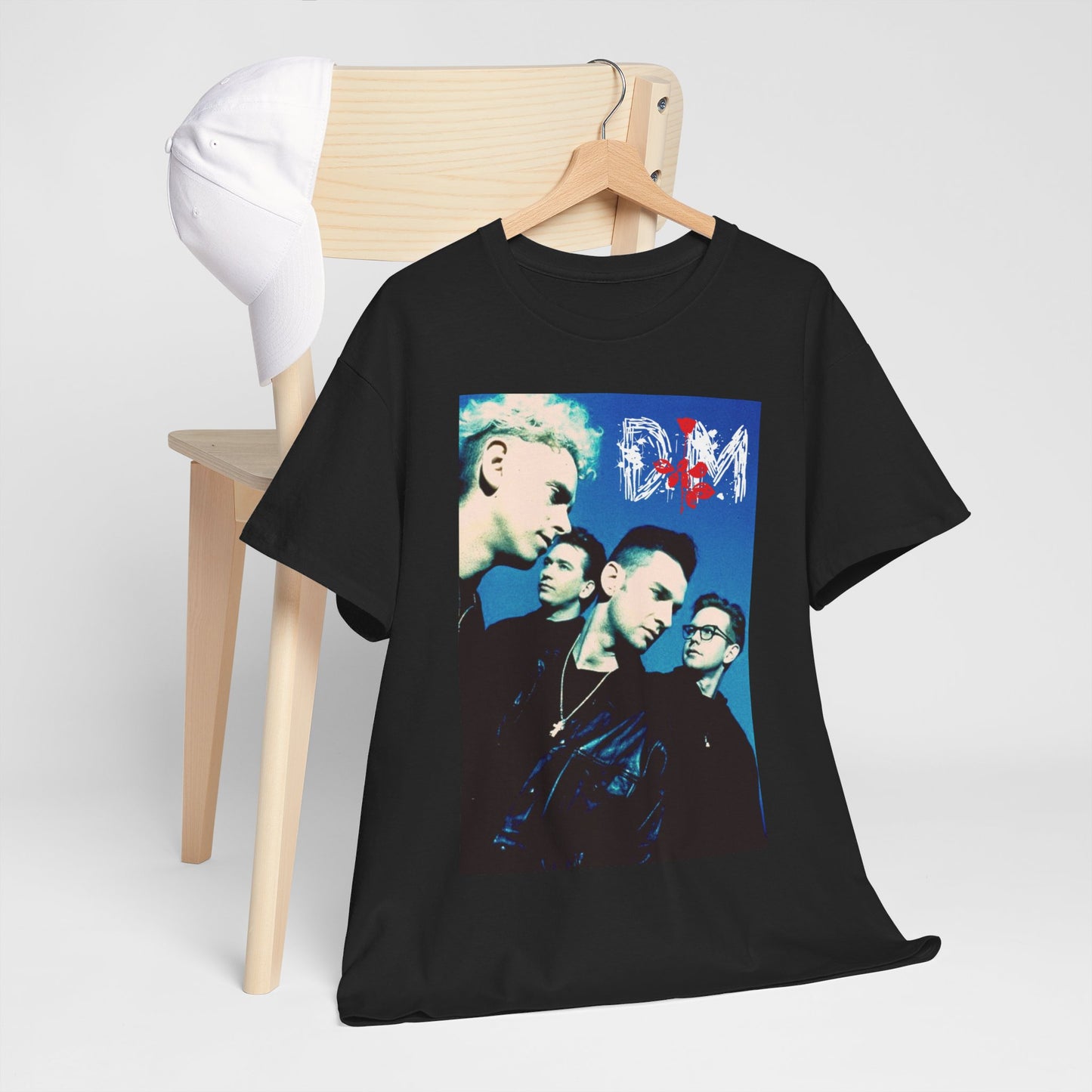 A black graphic t-shirt featuring a vintage photo related to Depeche Mode's 'Violator' album era.
