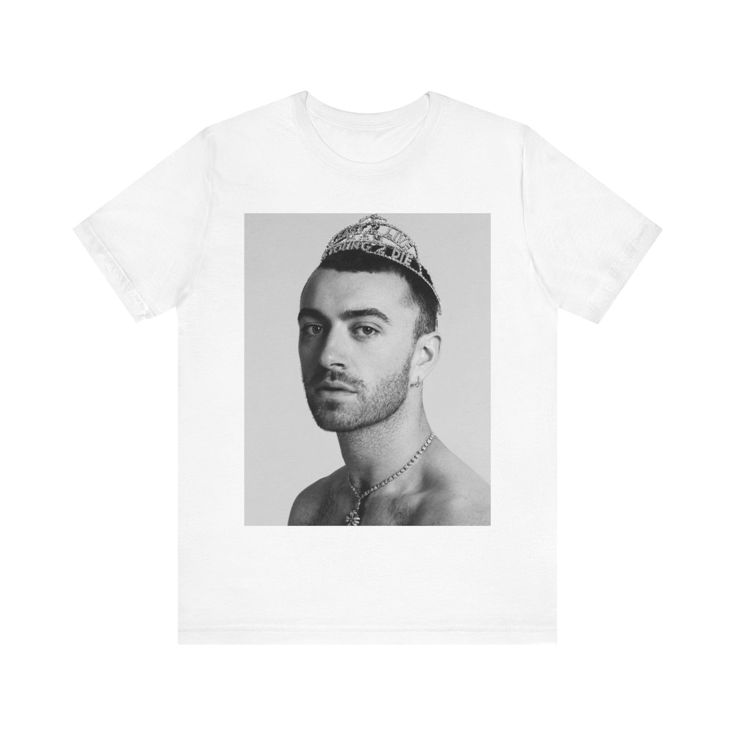 A black graphic t-shirt featuring a graphic of Sam Smith as a gender fluid icon.
