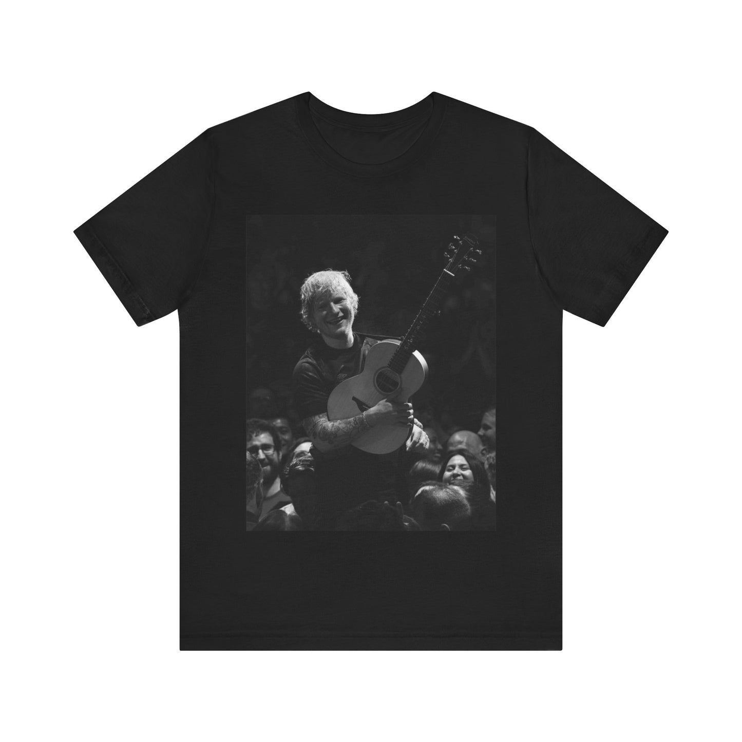 A black graphic t-shirt featuring a photo of Ed Sheeran performing live with his guitar.