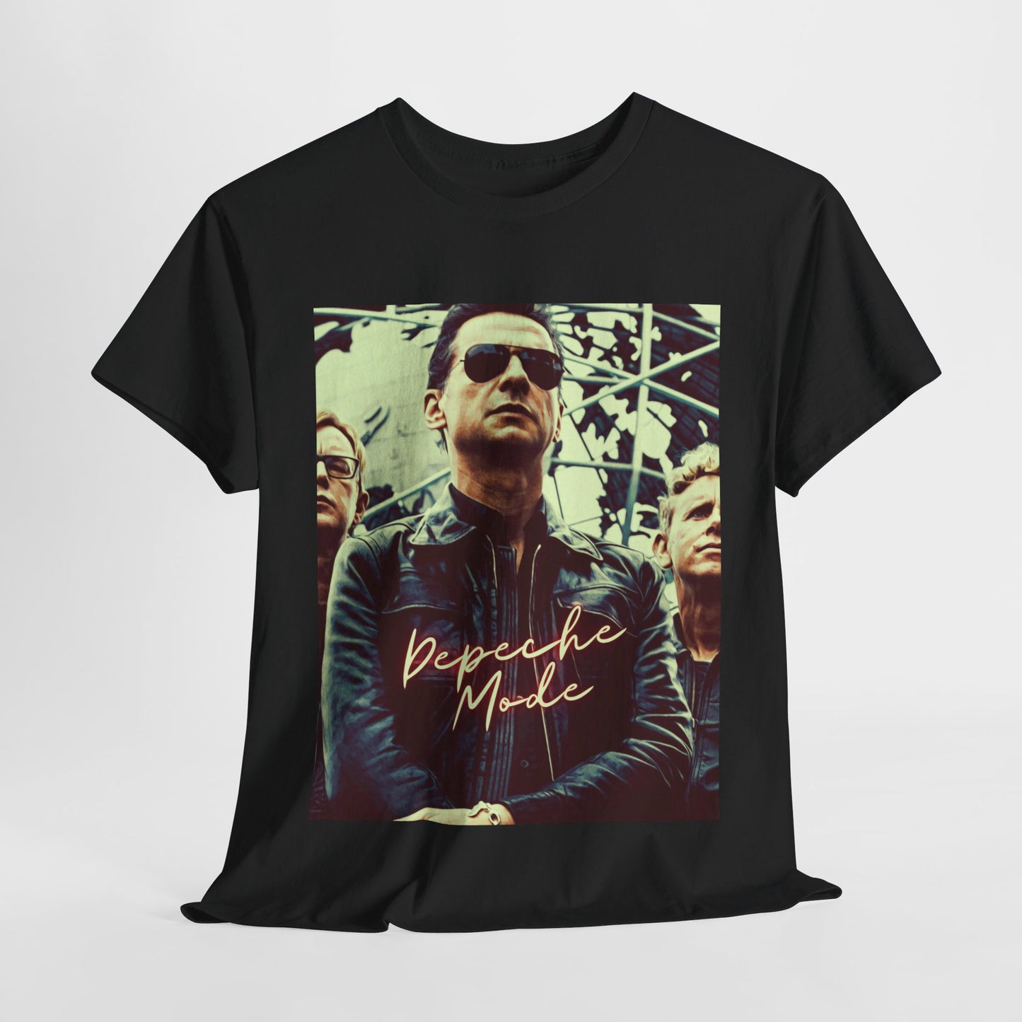 A black graphic t-shirt featuring a graphic of Depeche Mode as synth-pop pioneers.