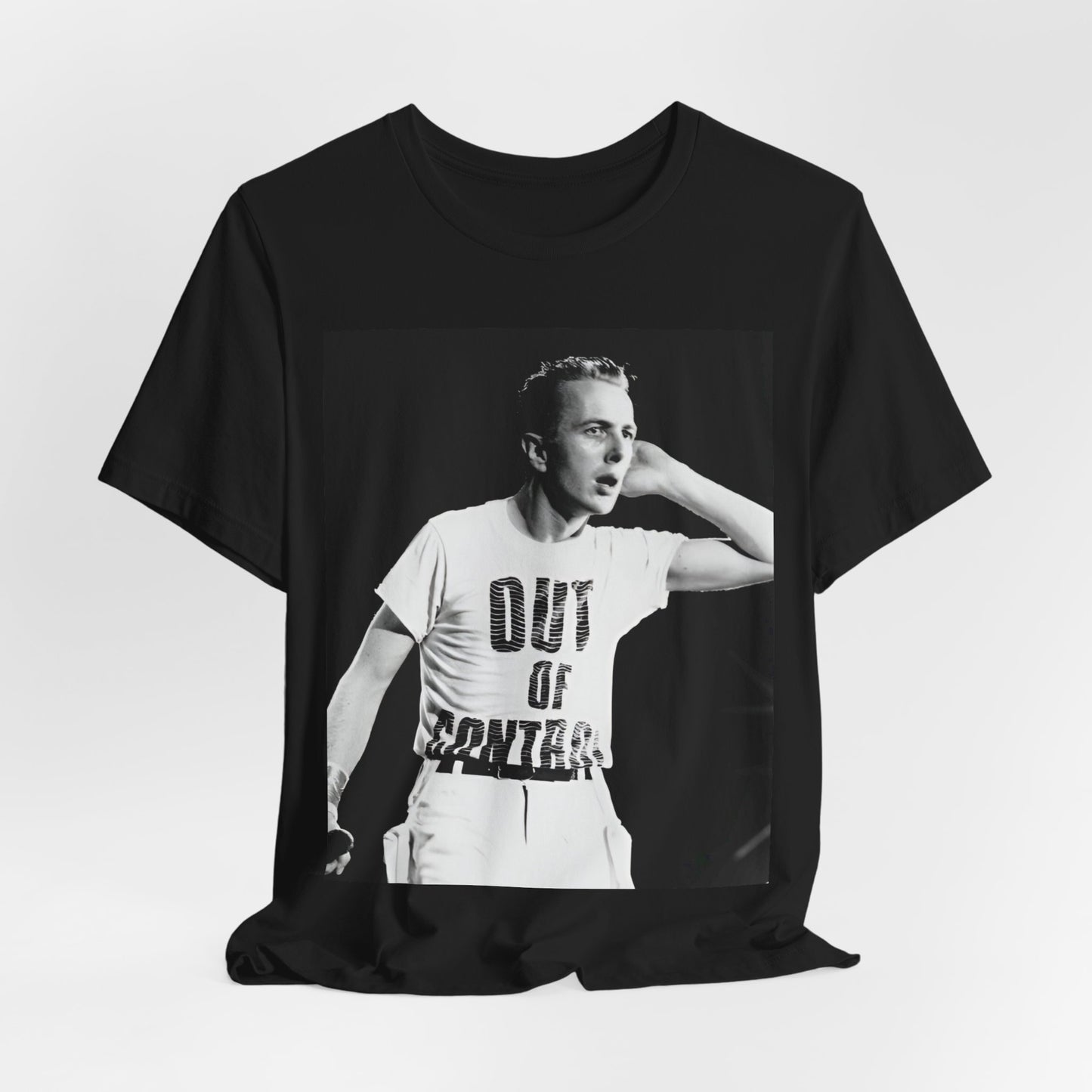 A black graphic t-shirt featuring a black and white graphic or photo portrait of Joe Strummer from The Clash.