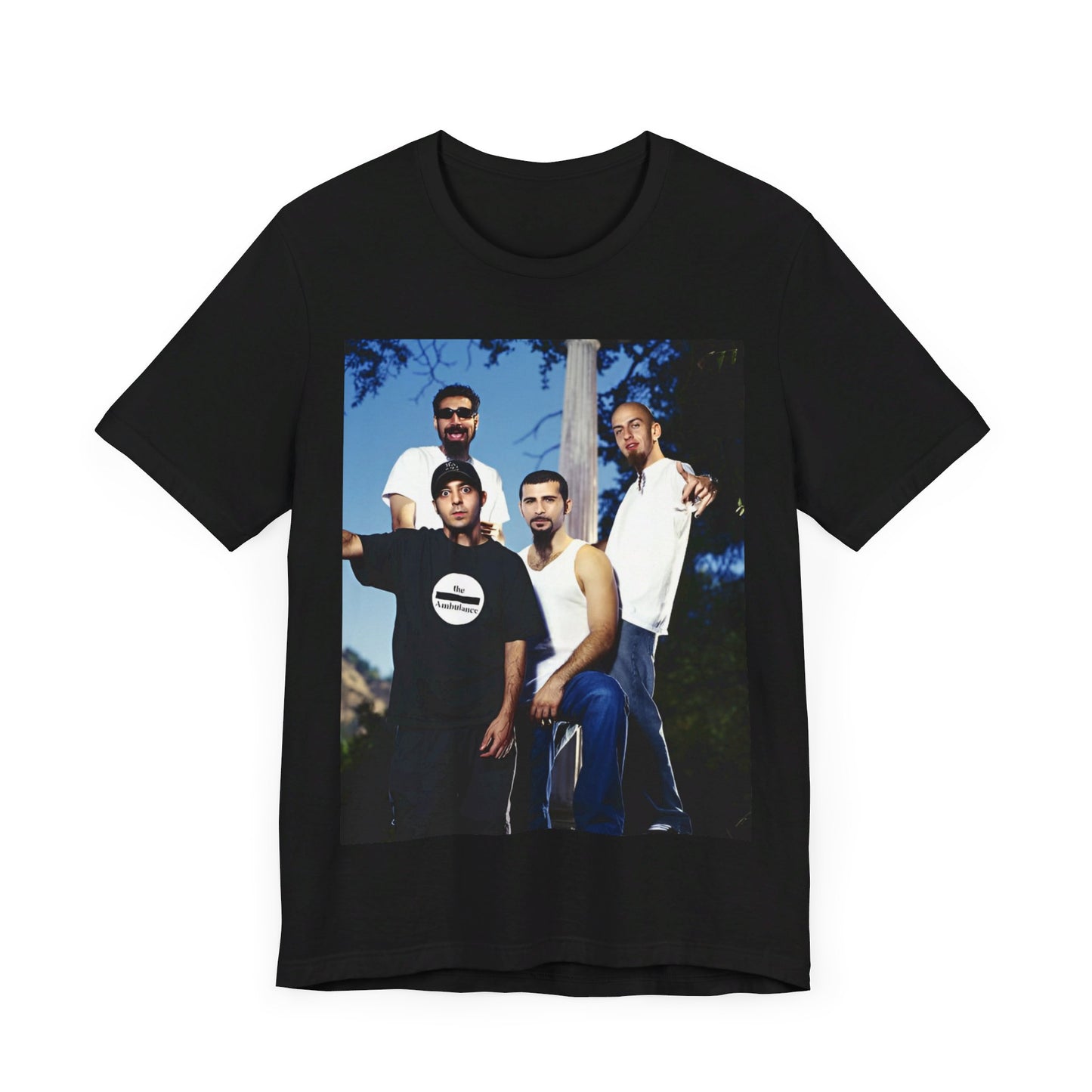A black graphic t-shirt featuring a vintage alt metal graphic of System of a Down.