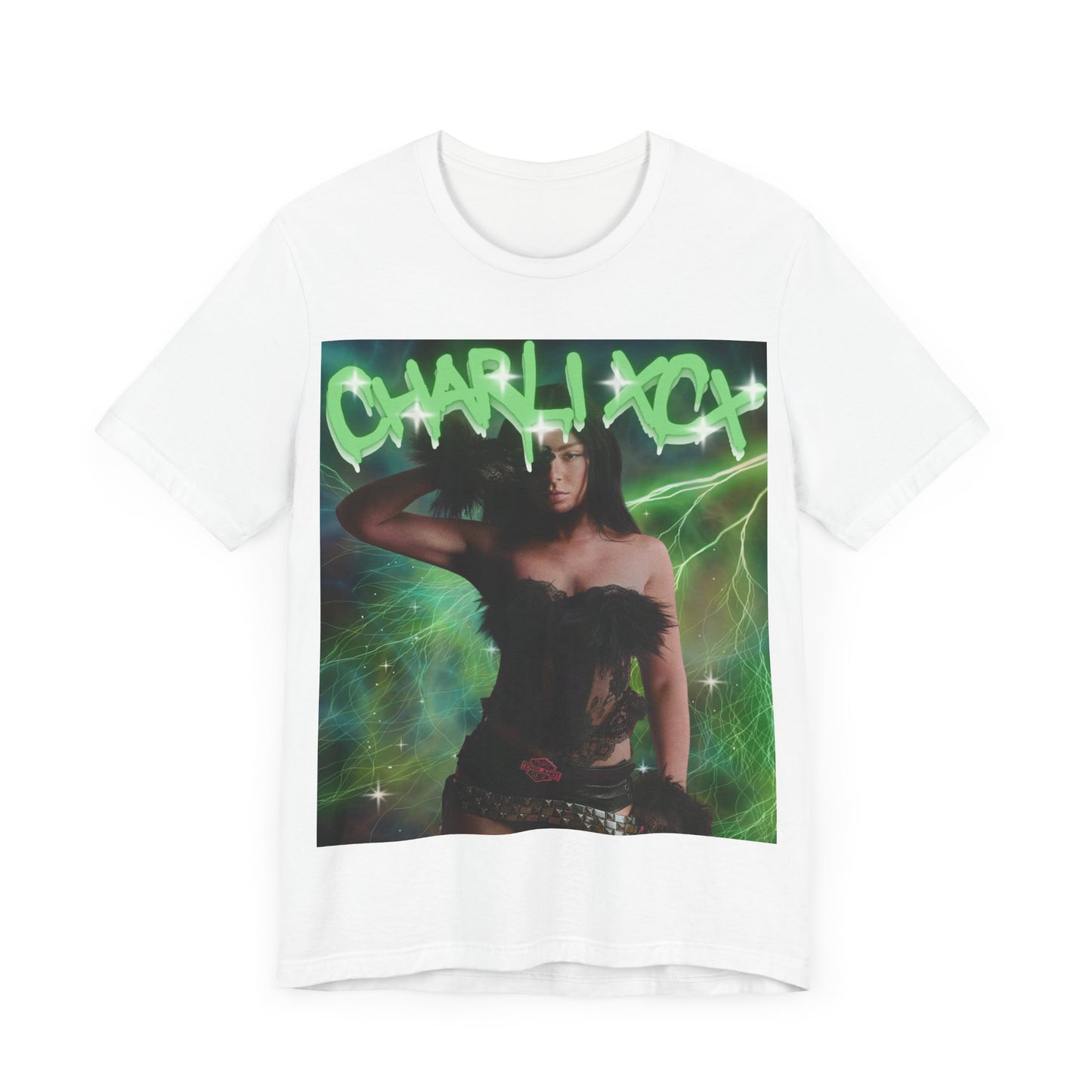 A black graphic t-shirt featuring a retro green neon graphic of Charli XCX's signature.