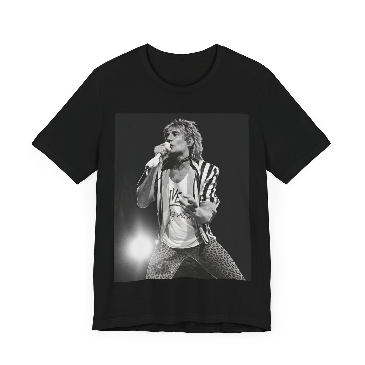 A black graphic t-shirt featuring a black and white portrait photo of Rod Stewart.