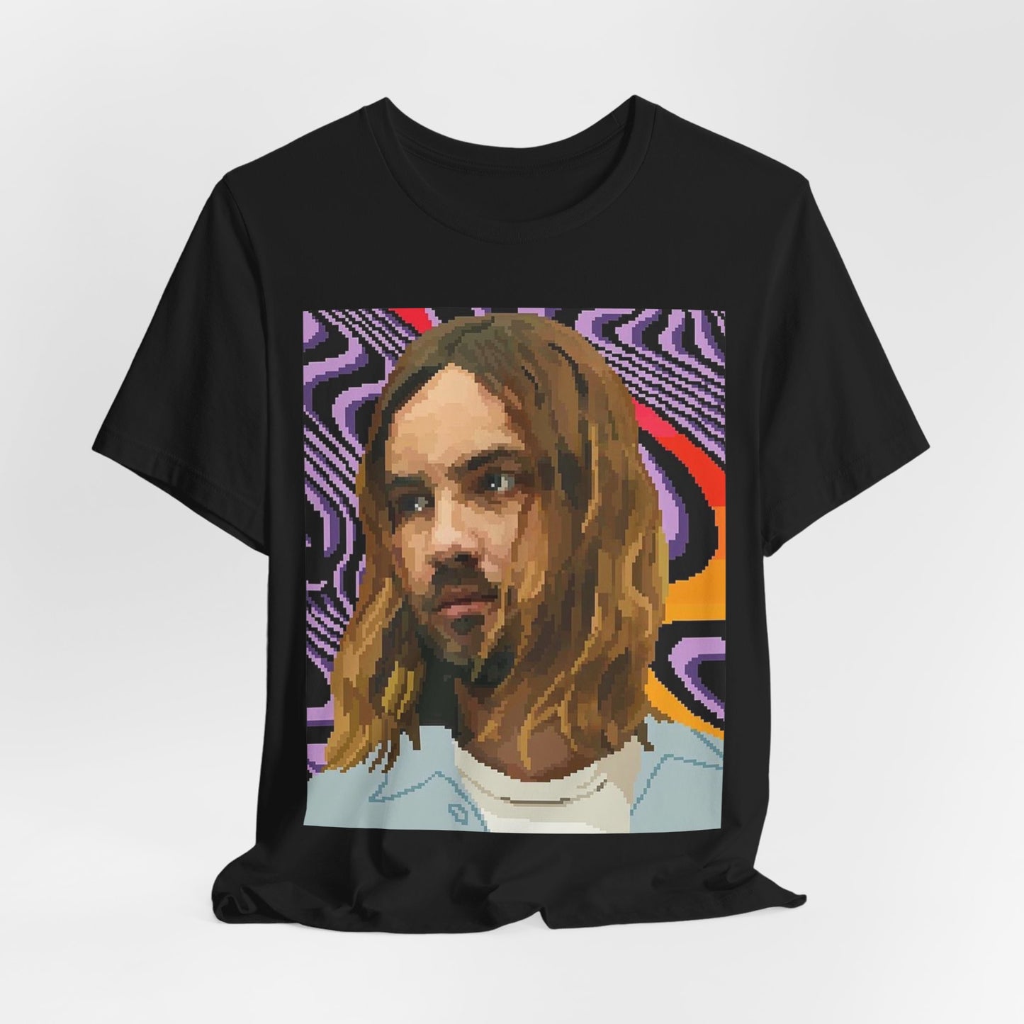 A black graphic t-shirt featuring a vintage graphic of Tame Impala with mind-bending visuals.