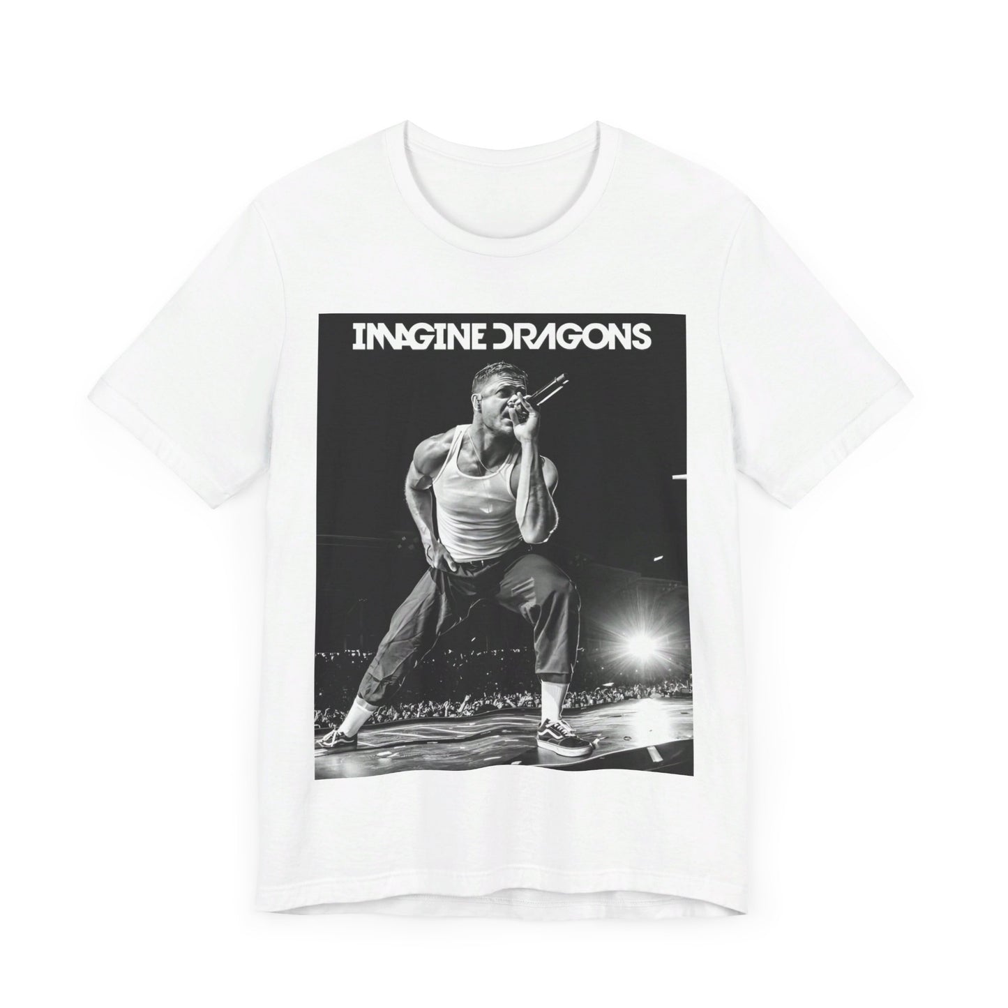 A black graphic t-shirt featuring a black and white graphic related to Imagine Dragons' 'Radioactive' song or era.