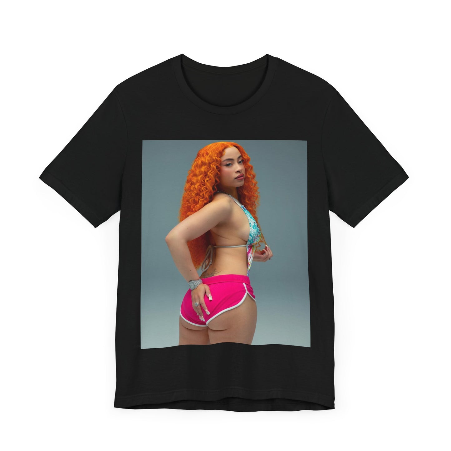 A black graphic t-shirt featuring a Y2K hip hop graphic of Ice Spice.